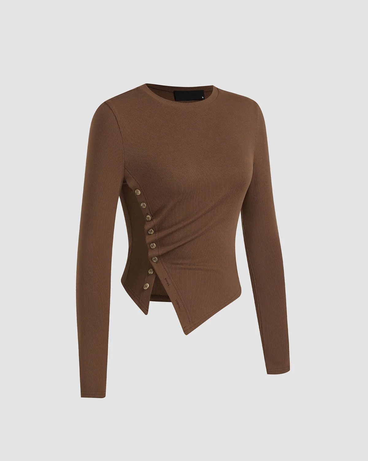 Asymmetric Button Up Brown Ribbed Top