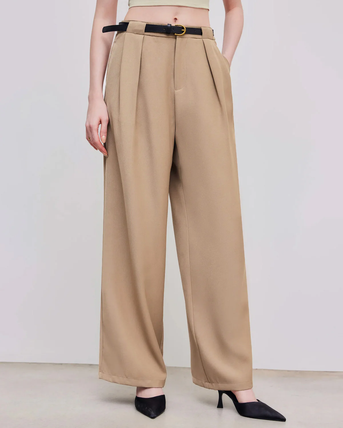 Beige Pleated Pants With Belt - Image 5