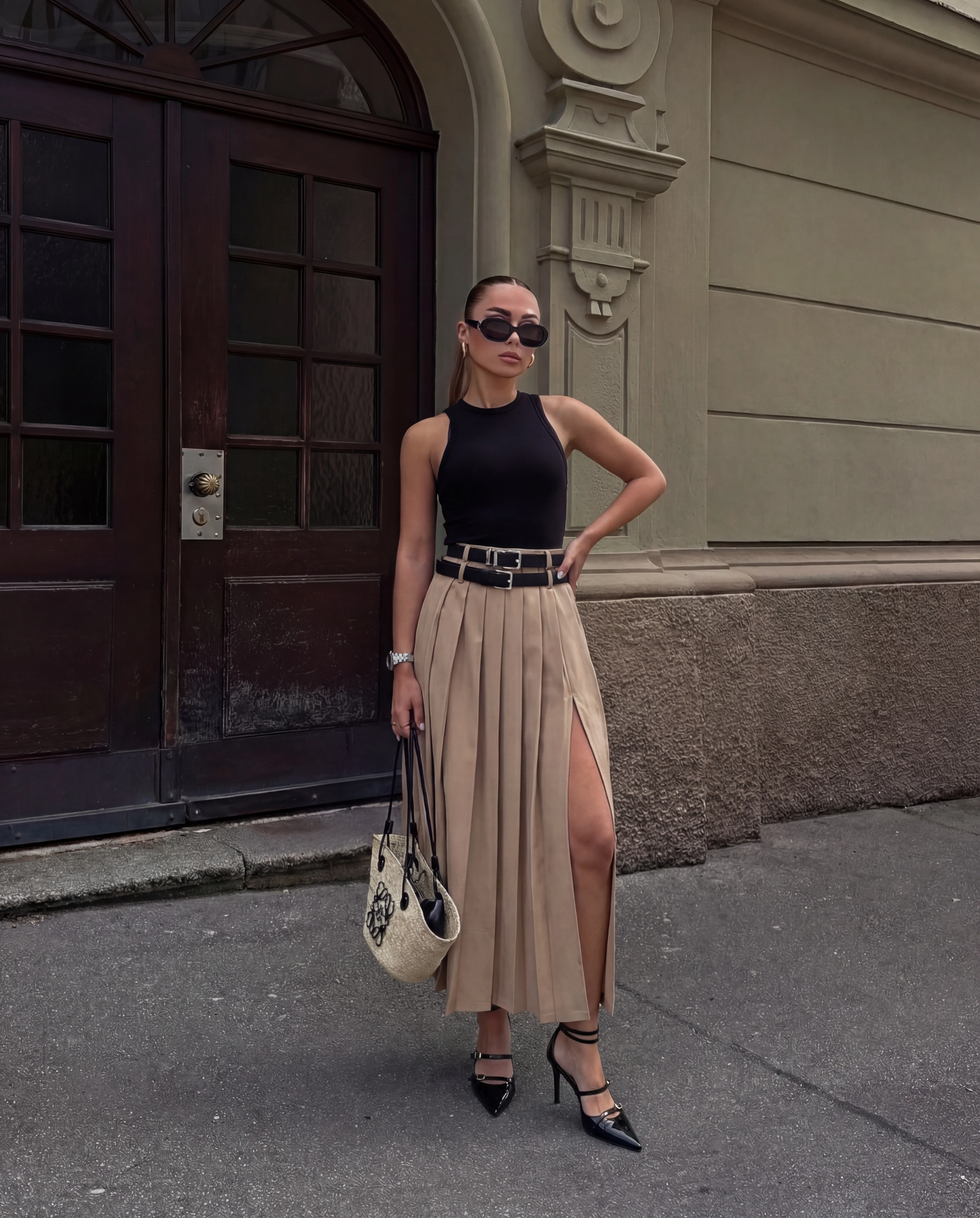 Beige Pleated Split Skirt With Two Detachable Belts - Image 6