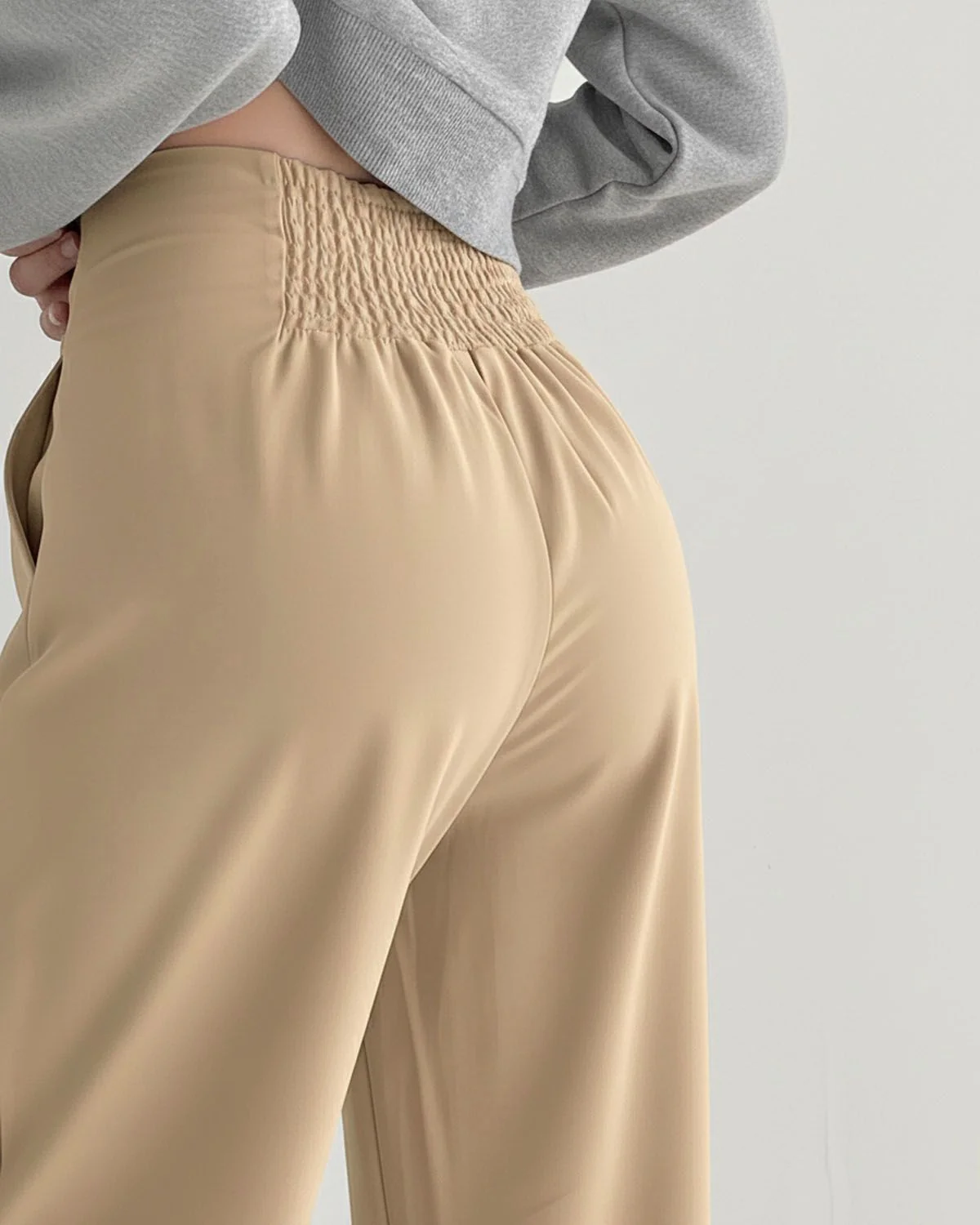 Beige Smocked Detail Korean Trousers - Image 3