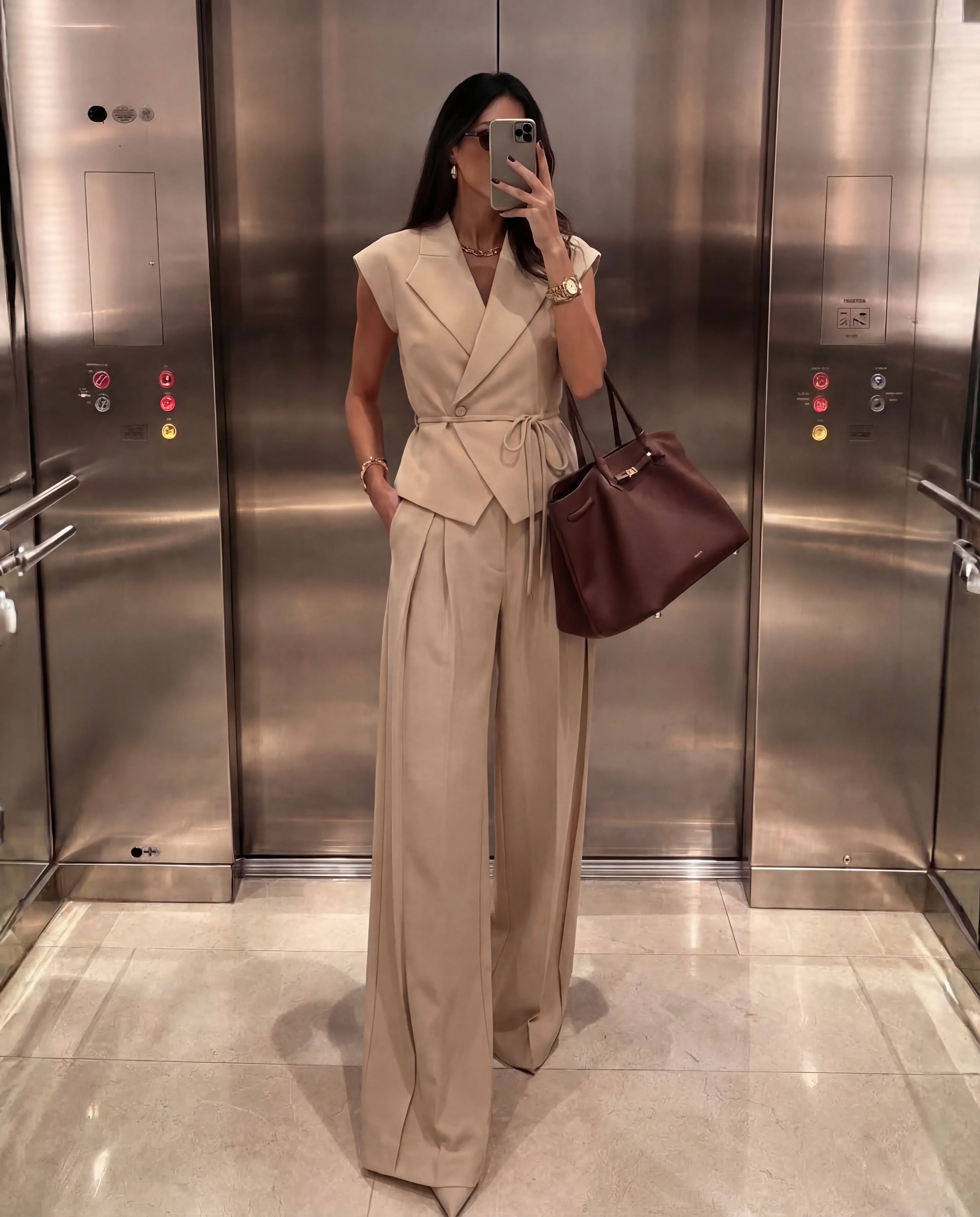 Beige Tie Up Waist Coat Suit Set - Image 6