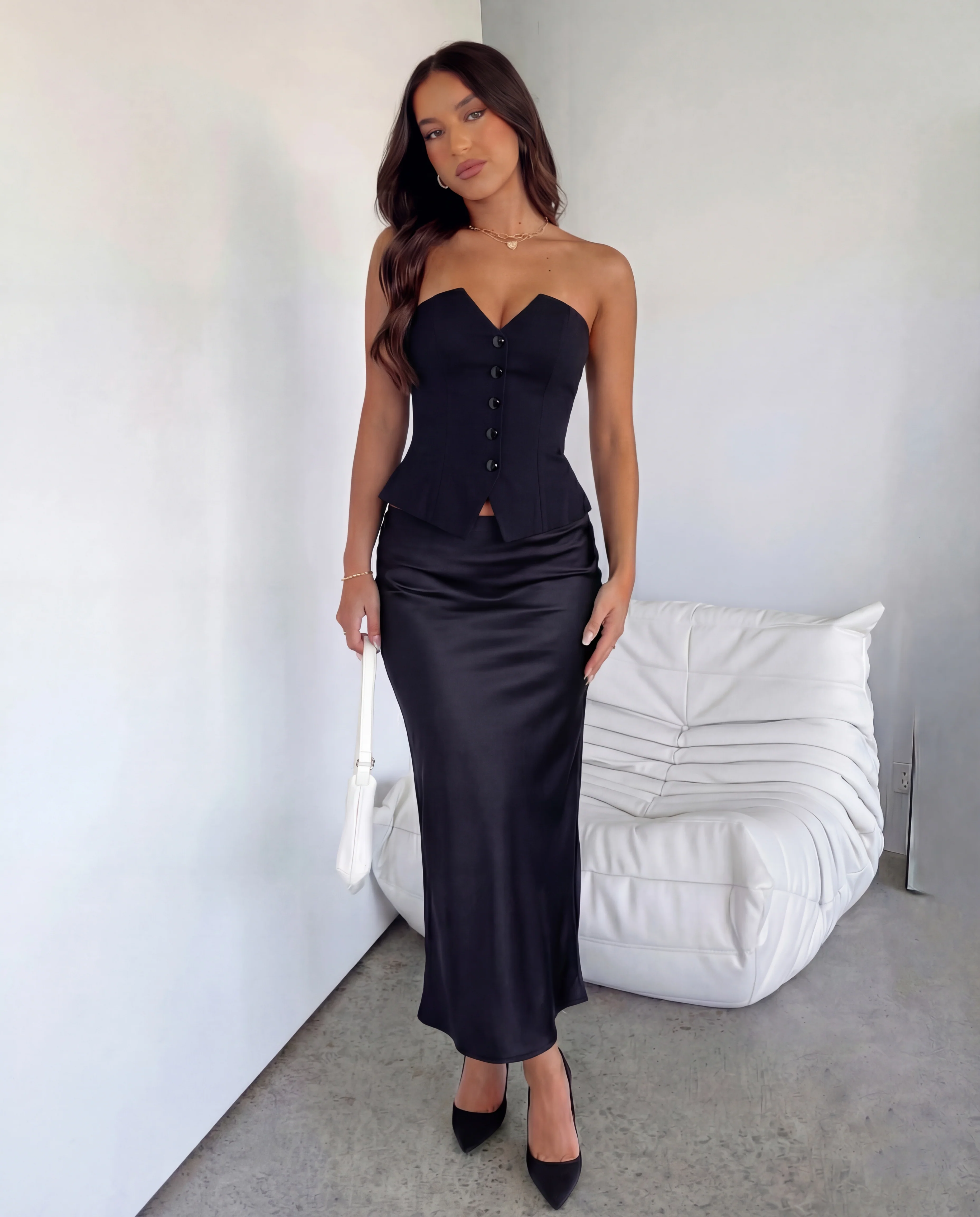 Black Bandeau Waistcoat With Satin Skirt Set - Image 3