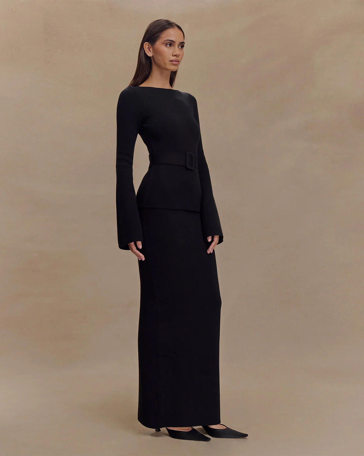 Black Belted Top and Pencil Skirt Co Ord Set - Image 2