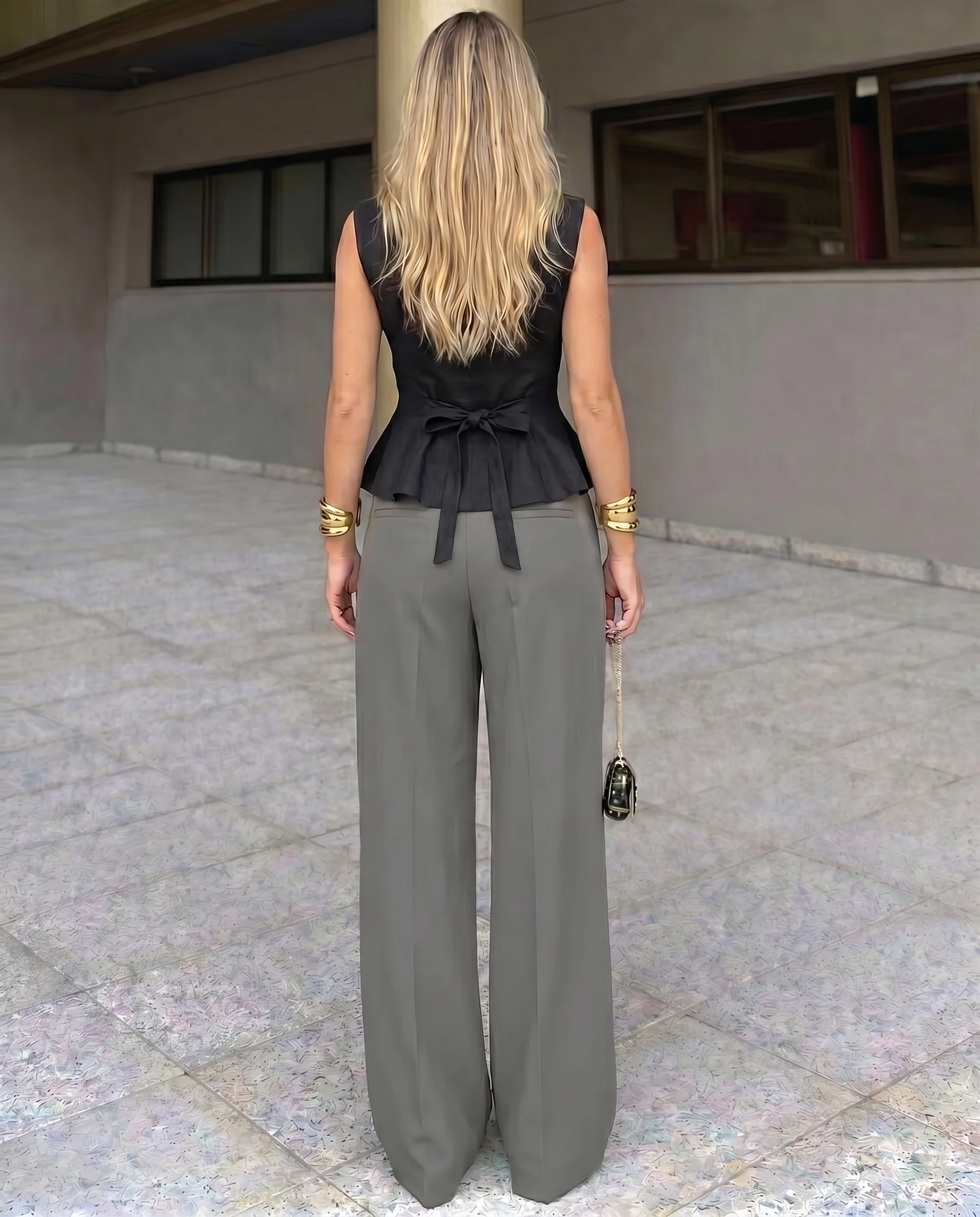 Black Buttoned Peplum Top and Grey Corset Waist pants - Image 4