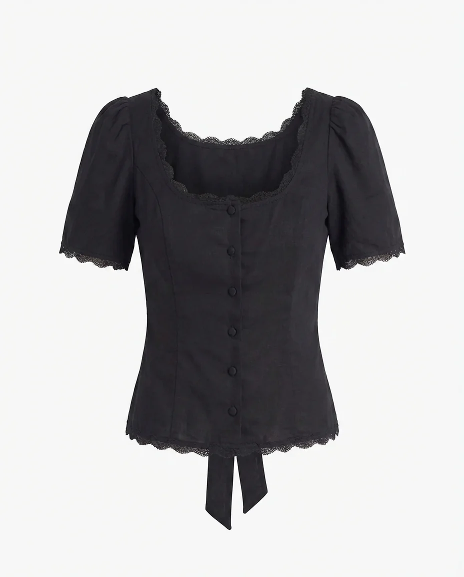 Black Lace-Trim Fitted Button-Up Top - Image 6