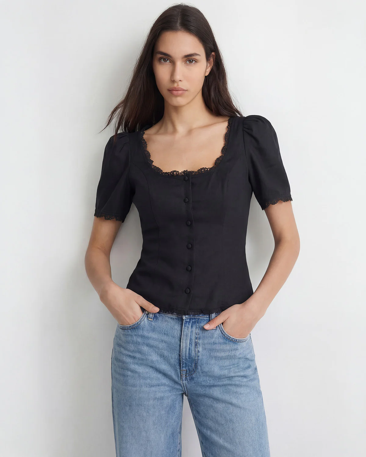 Black Lace-Trim Fitted Button-Up Top