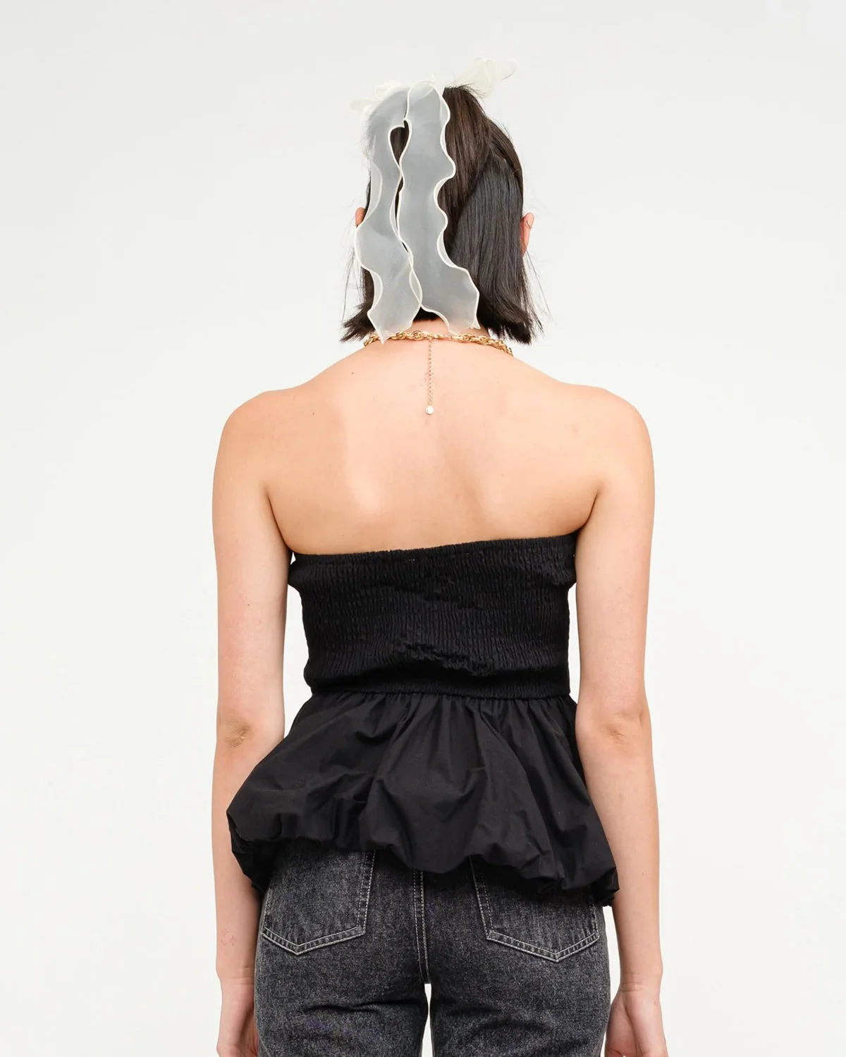 Black Off Shoulder Bubble Hem Top - Image 2