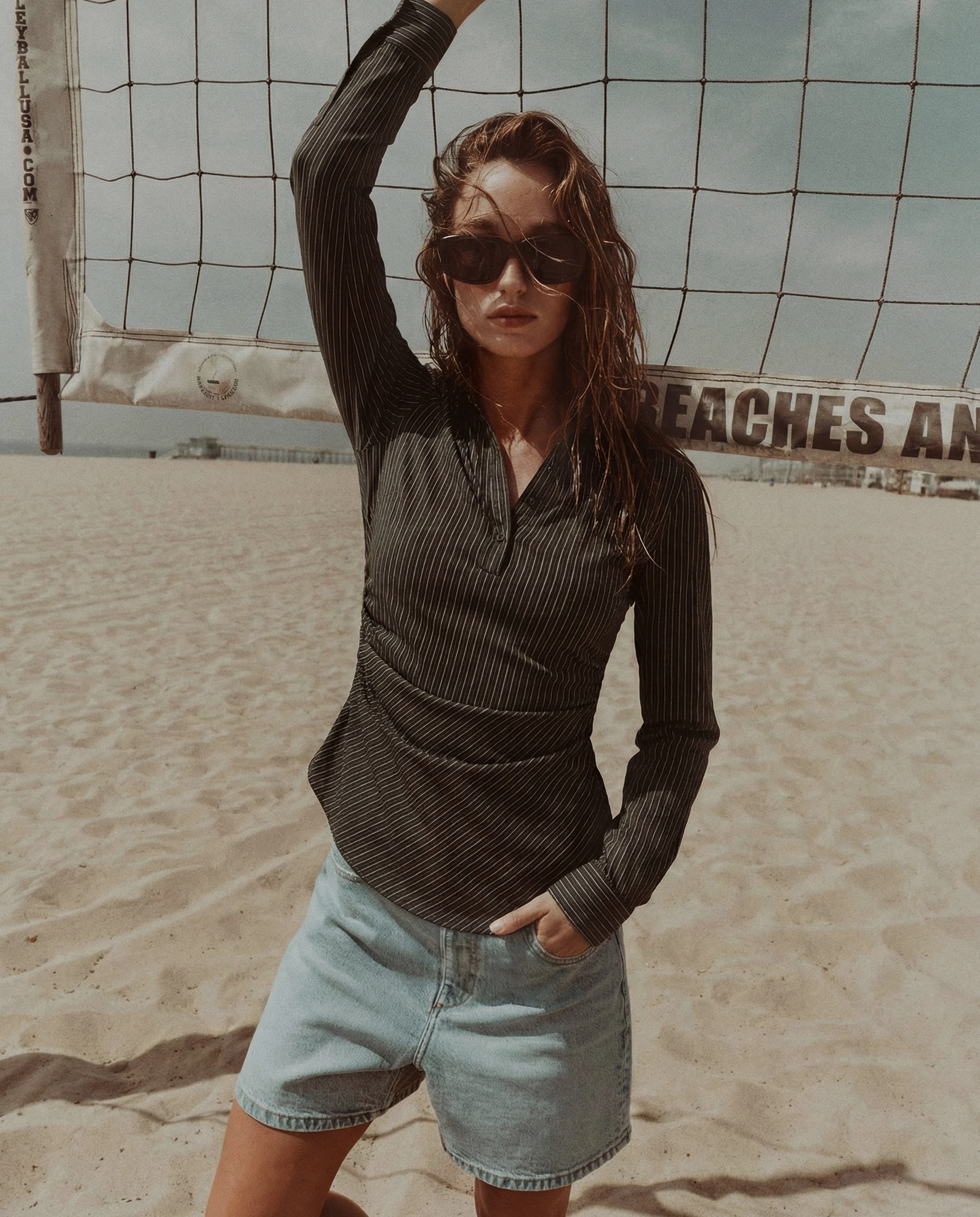 Black Pinstripe Asymmetric Hem Shirt - Image 2