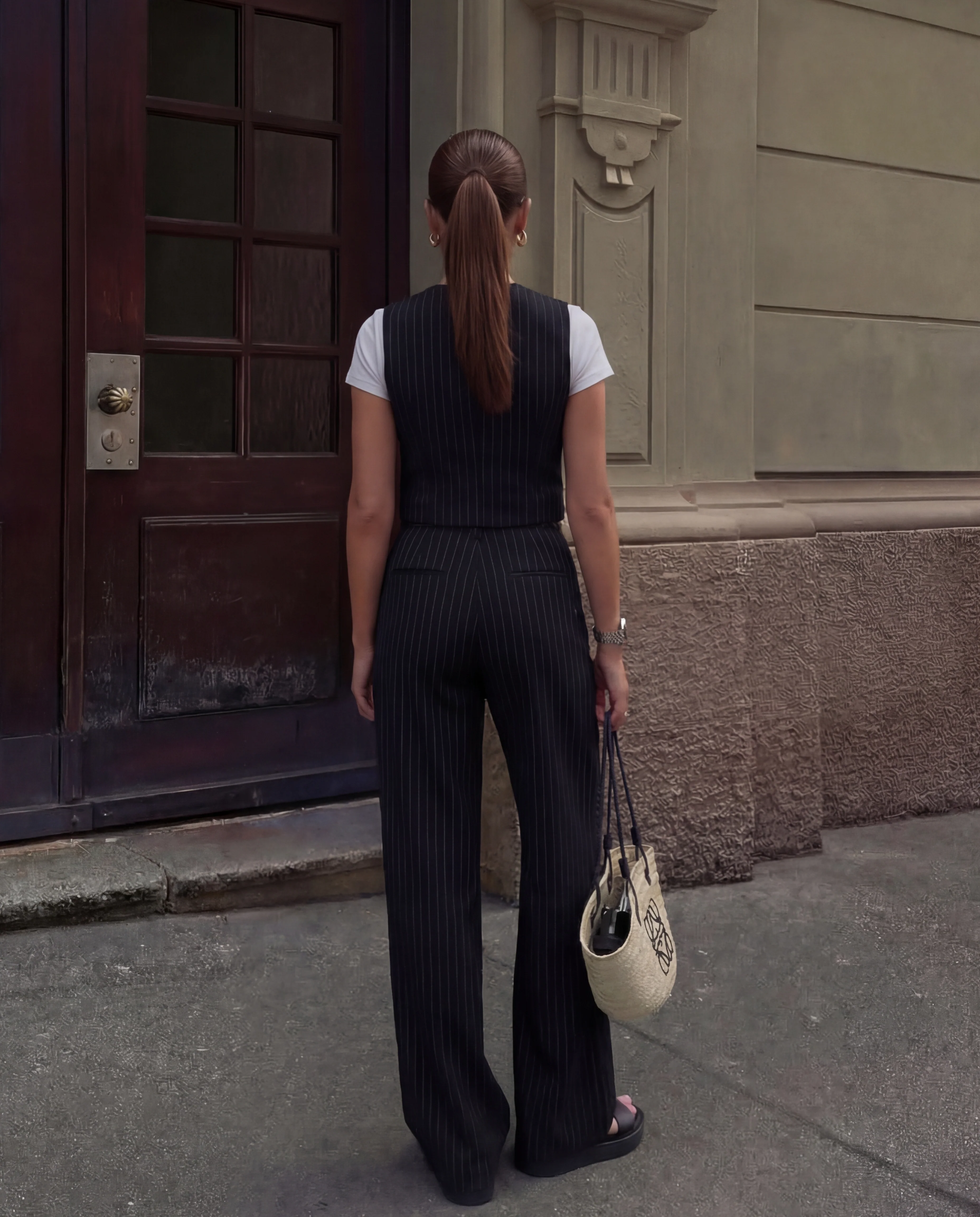 Black Pinstripe V Neck Vest and Pant Set - Image 3