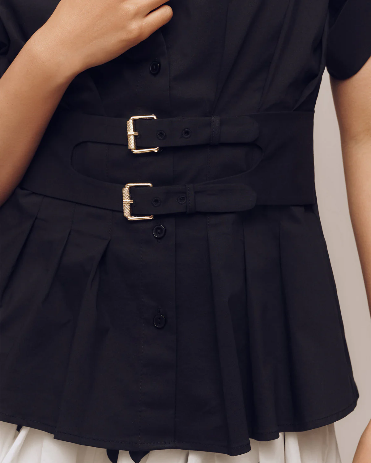 Black Pleated Belted Shirt - Image 3