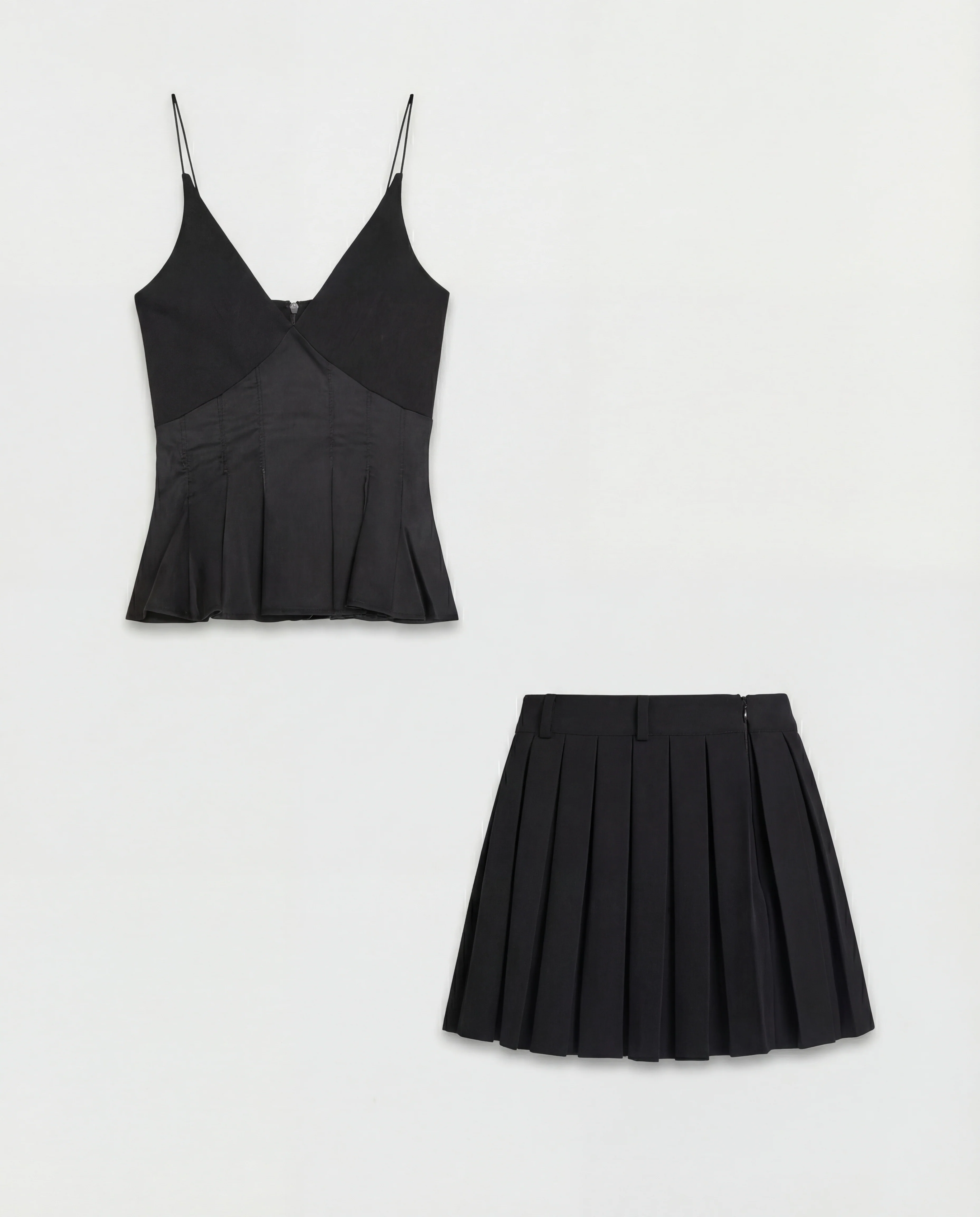 Black Spaghetti Top With Pleated Black Skirt - Image 4