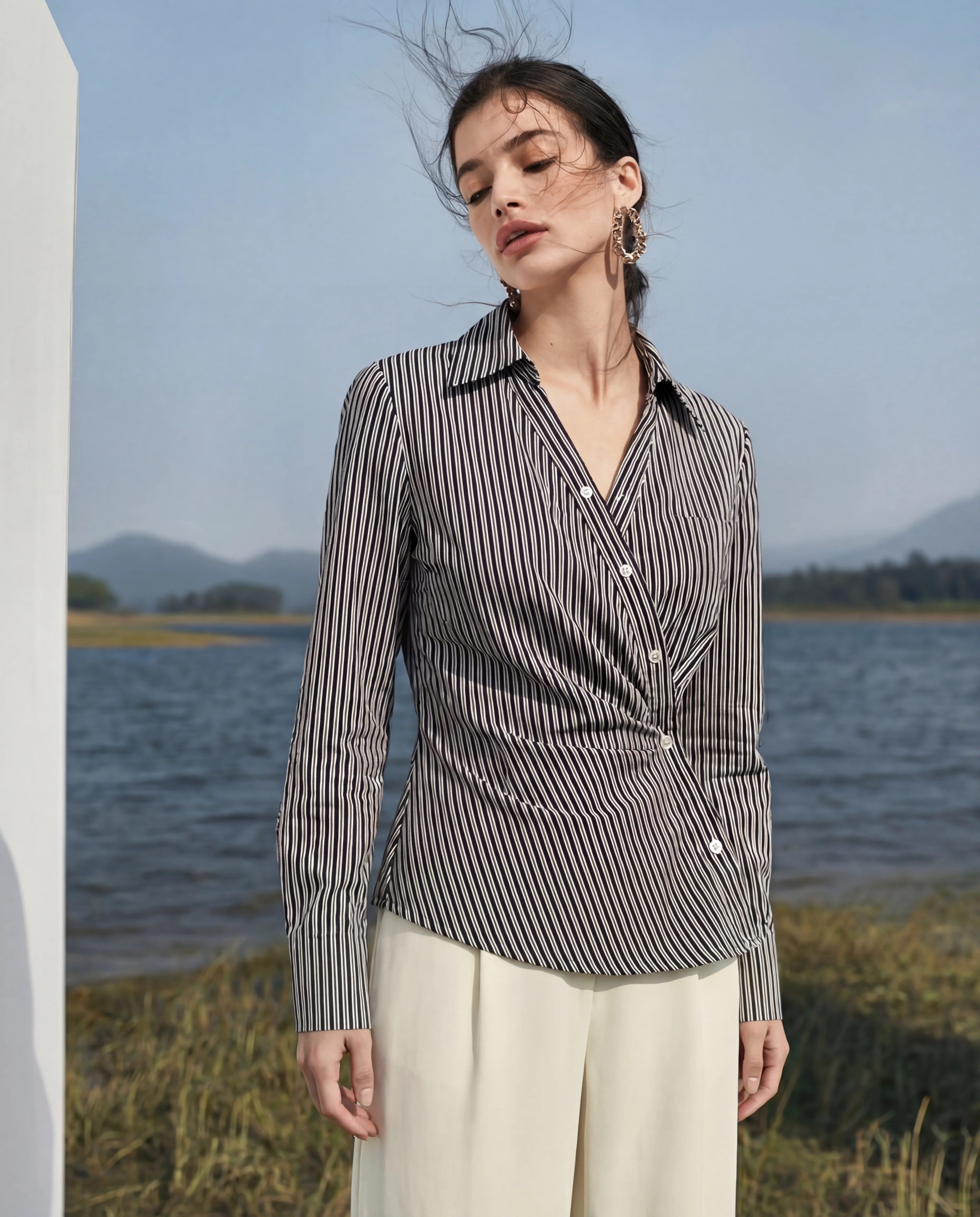 Black Snatched Waist Striped Shirt