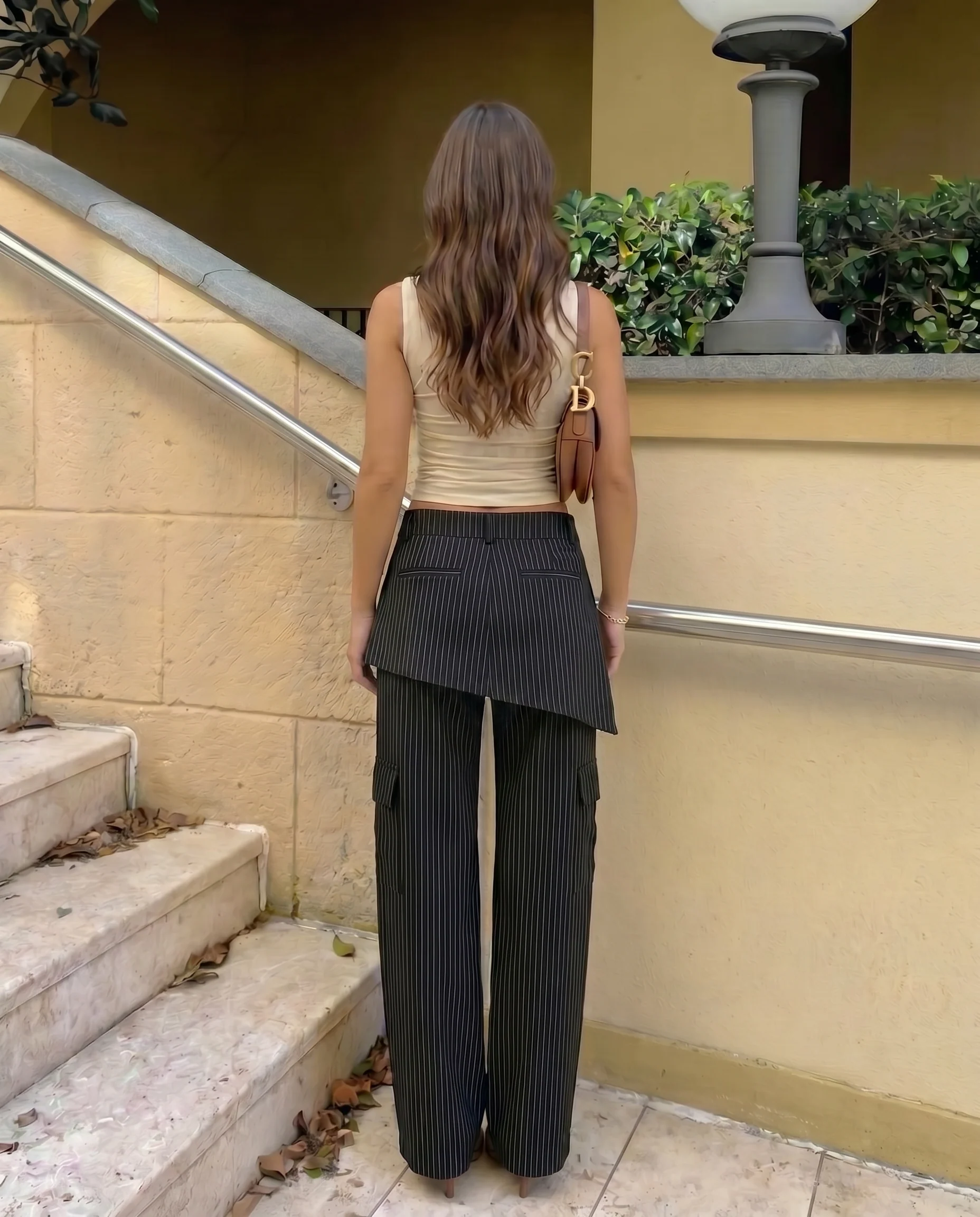 Black Striped Trousers With Skirt Detail - Image 3