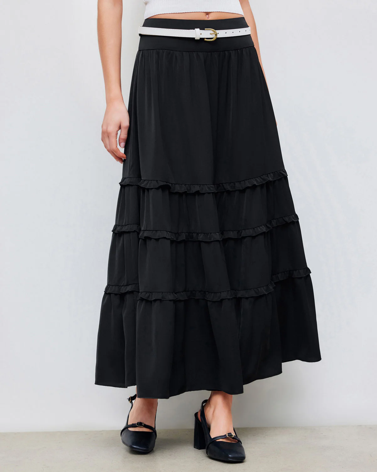 Black Tiered Maxi Skirt with White Belt