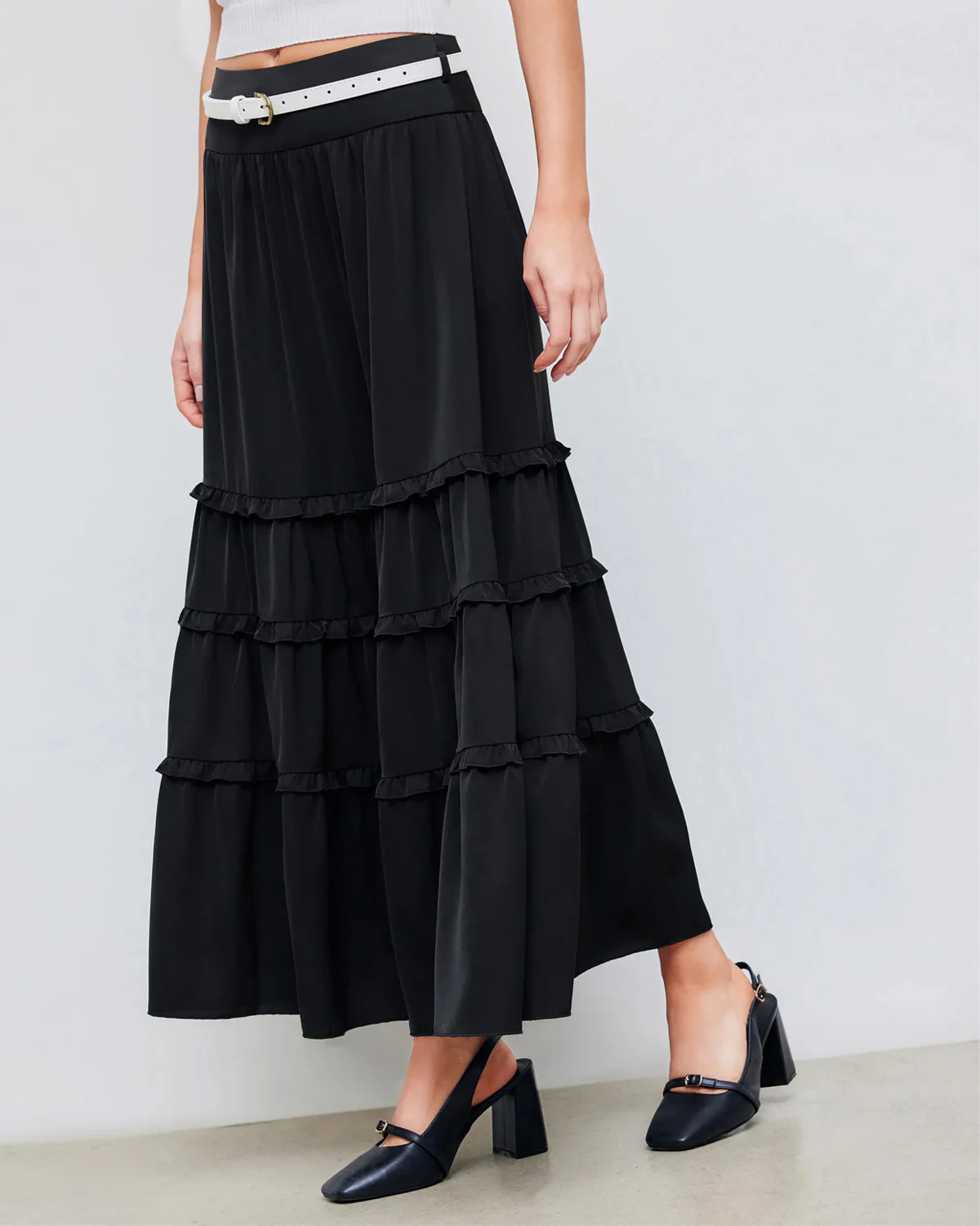 Black Tiered Maxi Skirt with White Belt - Image 2