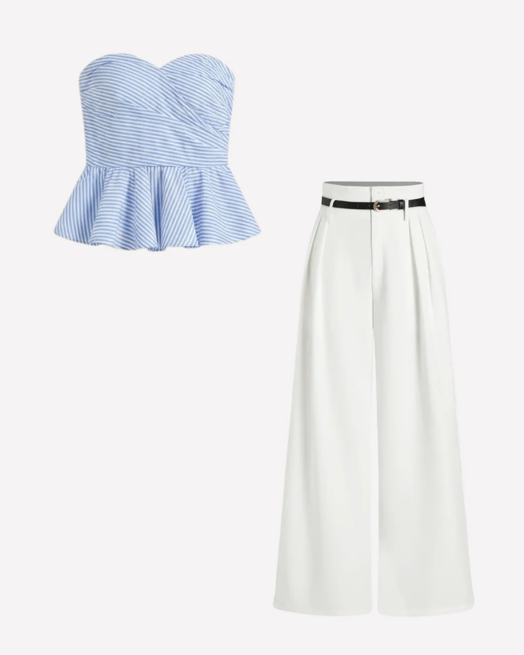 Blue Stripes Bandeau Top and White Pleated Pants with Belt - Image 2