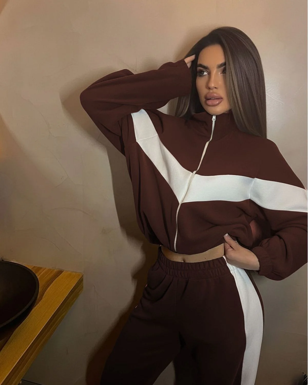 Brown Color Block Fleece Sweat Set