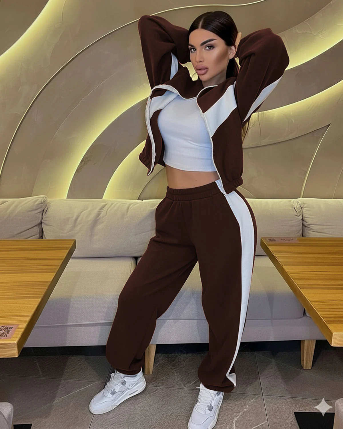 Brown Color Block Fleece Sweat Set - Image 2