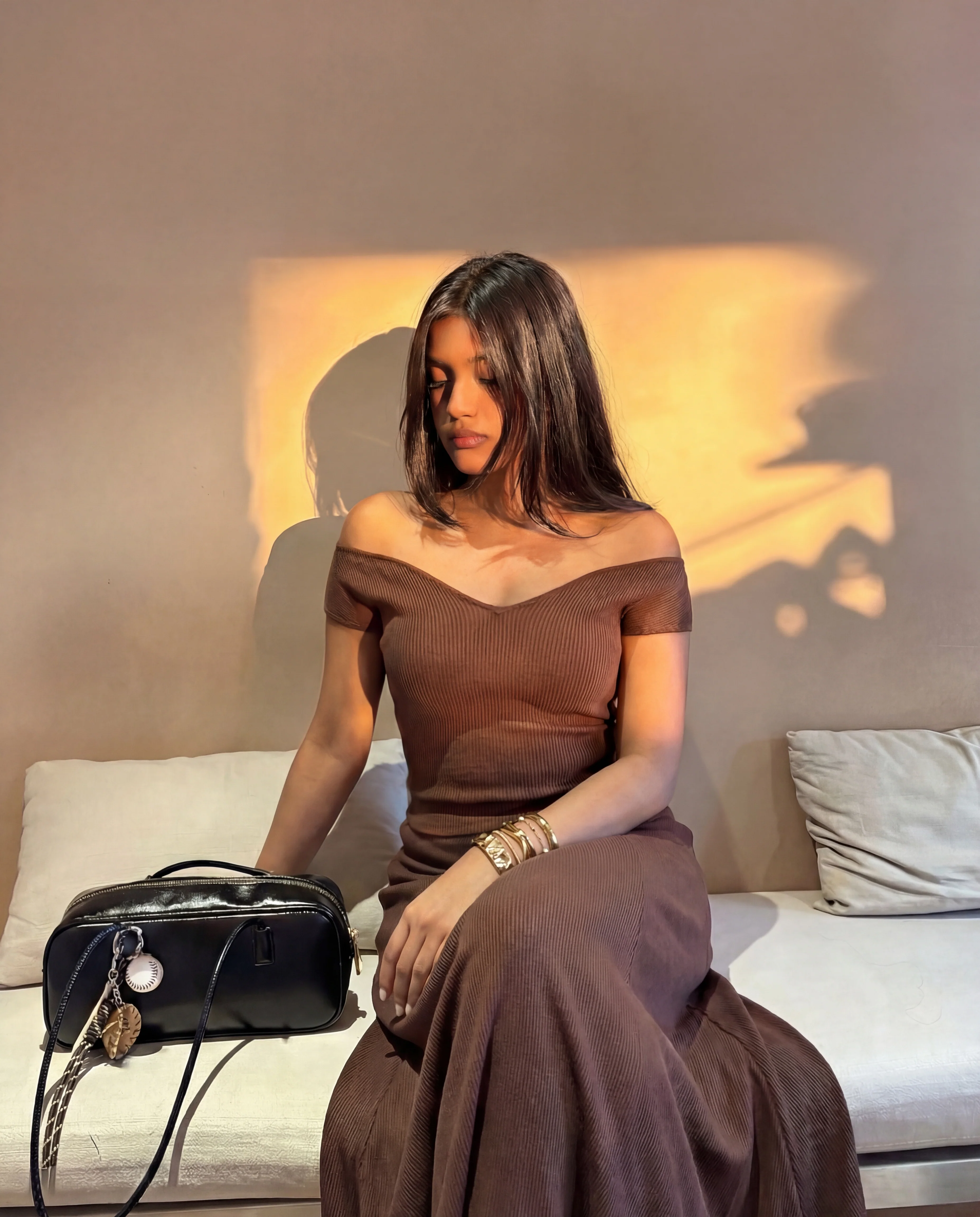 Brown Ribbed Knit Off Shoulder Top And Maxi Skirt Set - Image 6