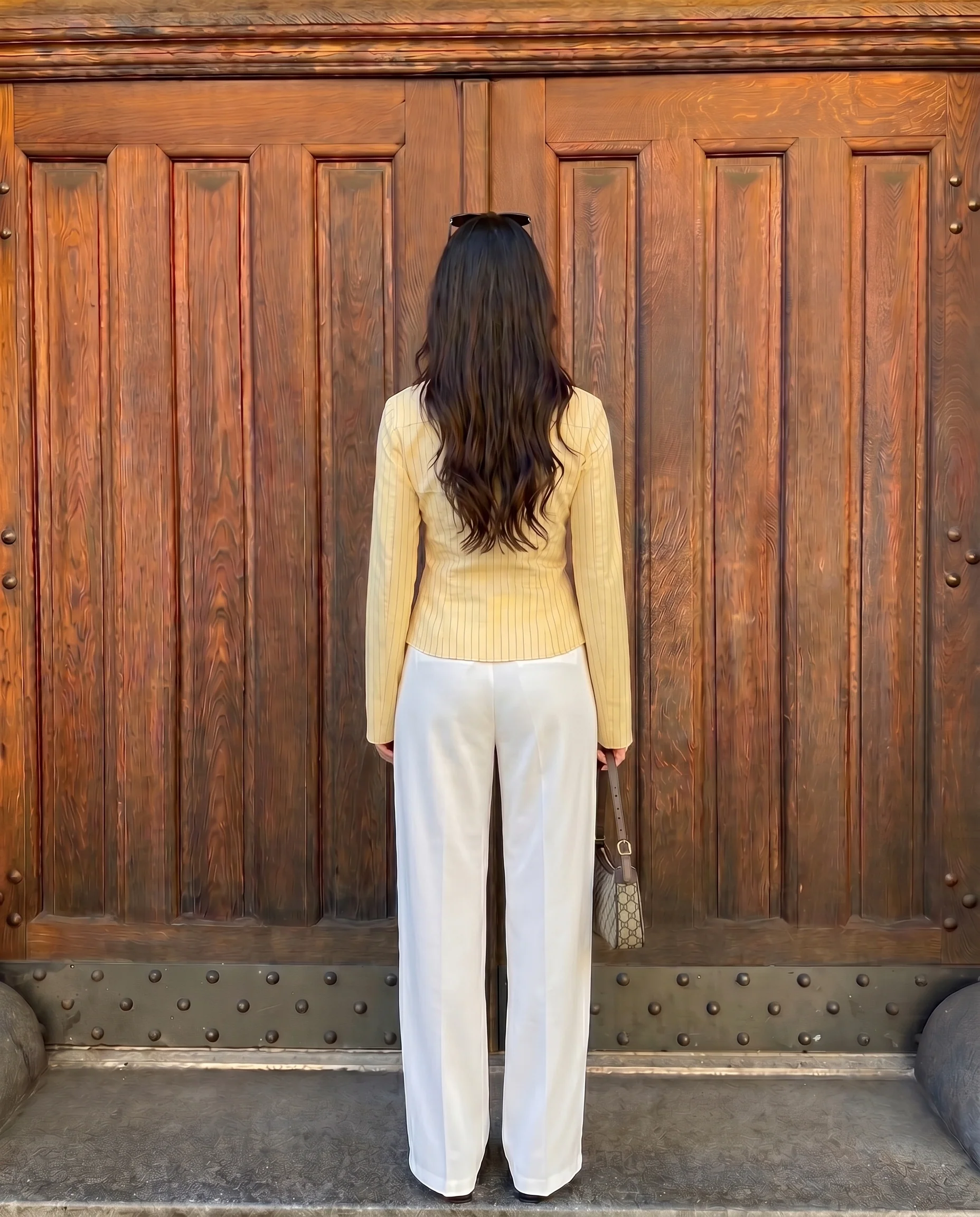 Butter Yellow Pinstripes Flared Shirt and White Pleated Pants with Belt - Image 4