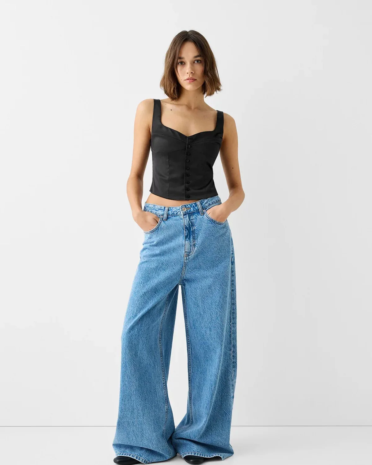 Button Down Vest Top In Black - Image 3