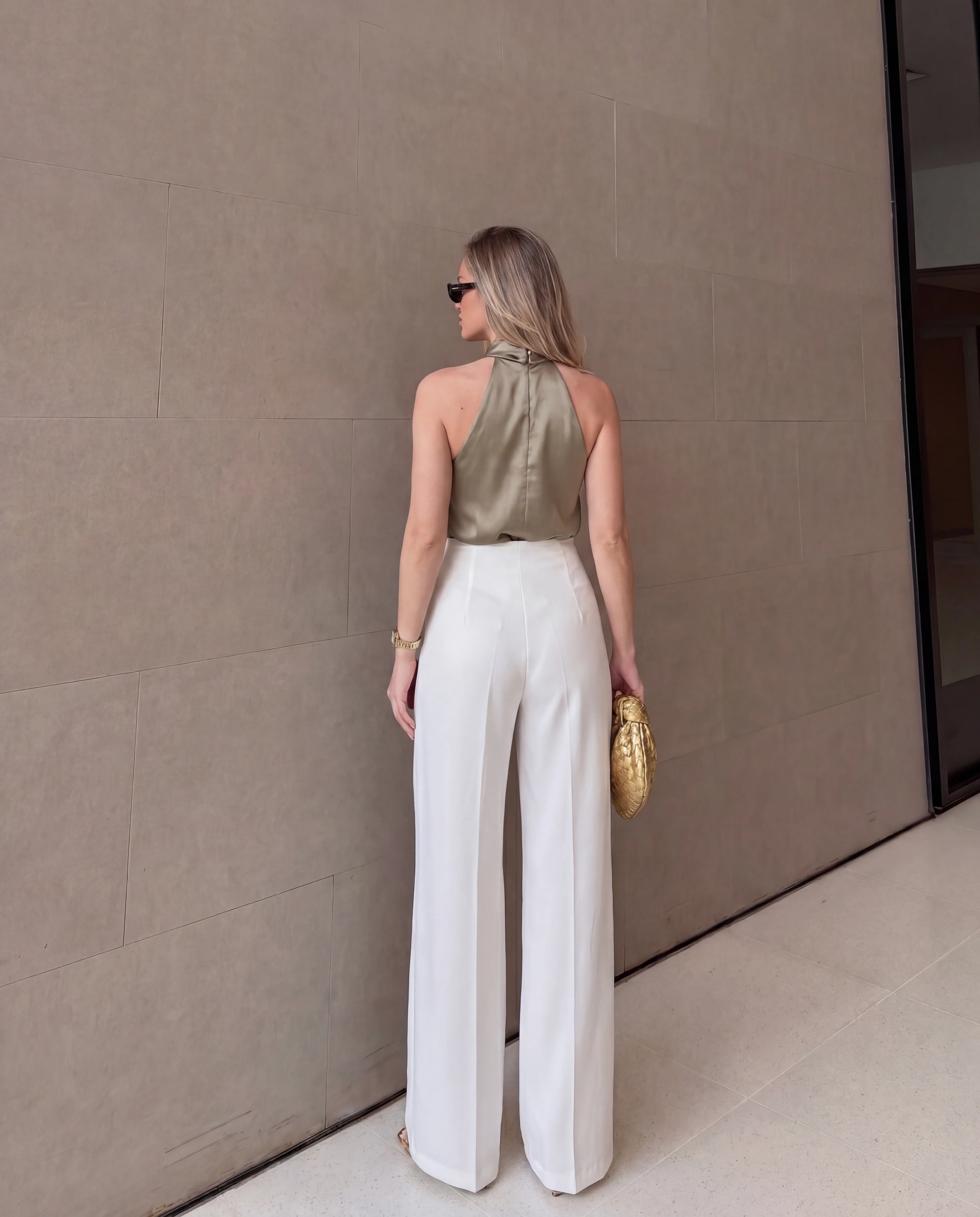 Chic Draped Waist Wide Leg Trousers-White - Image 3
