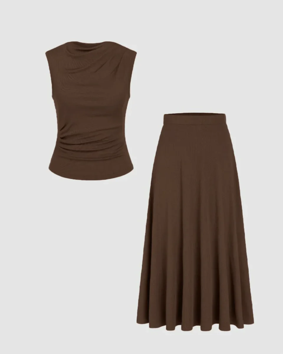 Cocoa Cowl Neck Top and Skirt Coord Set - Image 4
