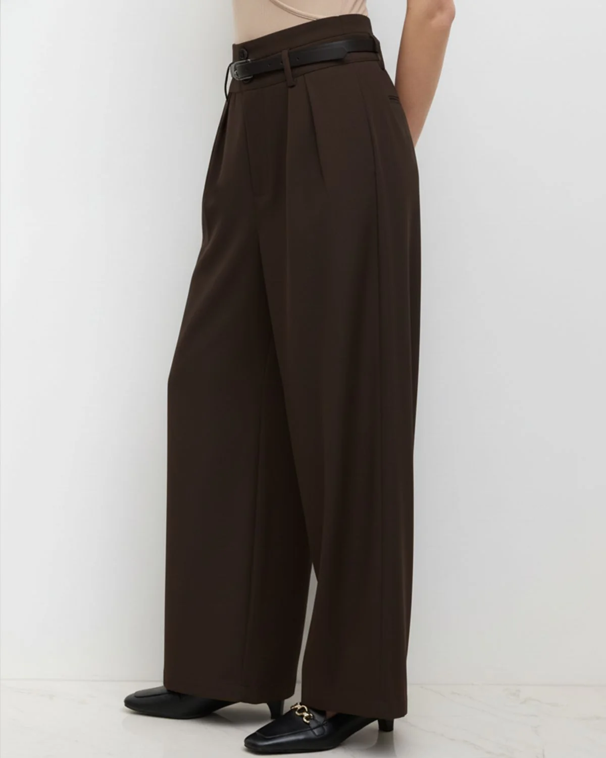 Dark Brown Pleated Pants With Belt - Image 6