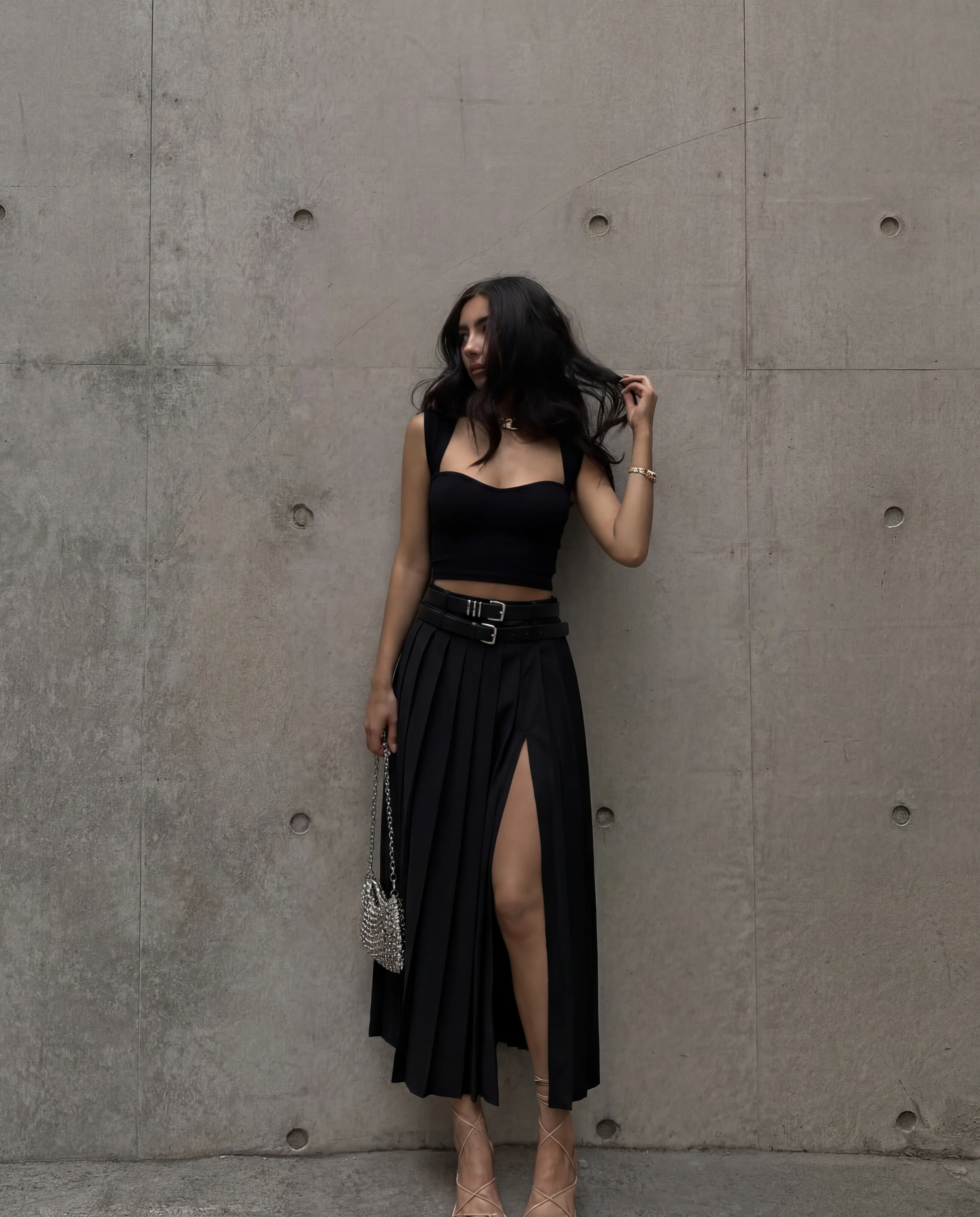 Double Belted Pleated Skirt with Sweet Heart Neck Top Set - Image 6