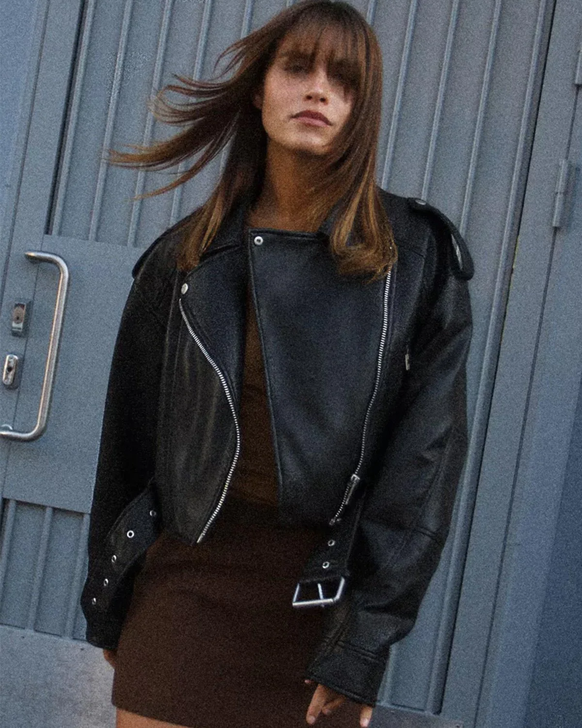 Double Breasted Biker Jacket with Belt - Image 3