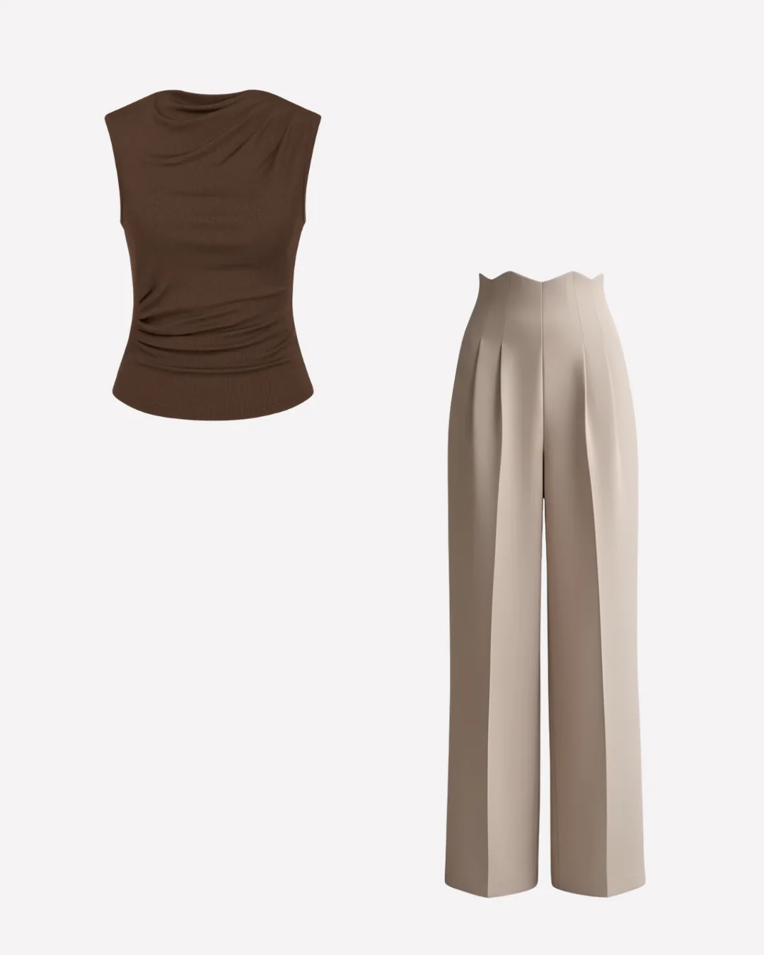 Earthy Brown Cowl Top and Corset Waist Pleated Pants - Image 2