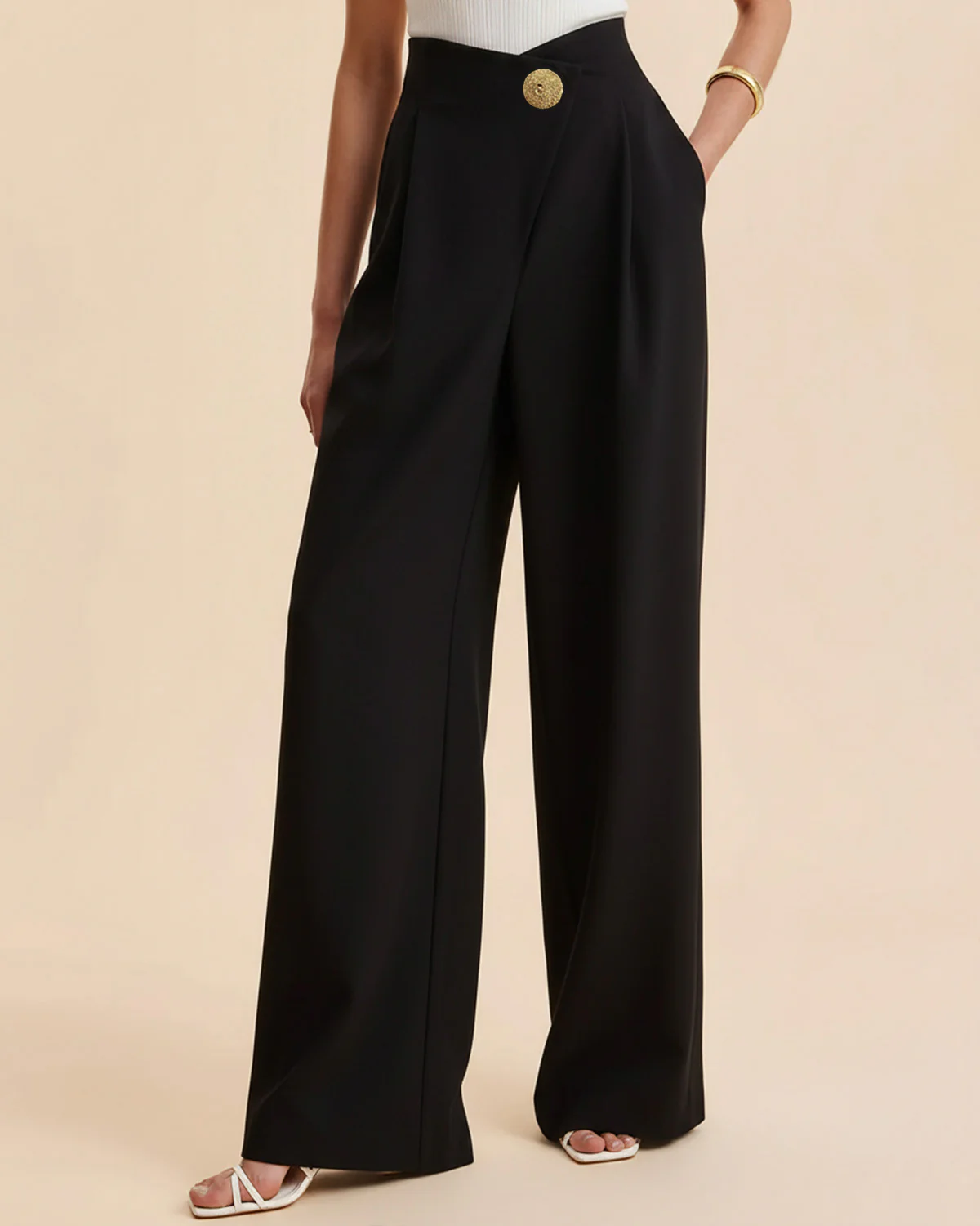 High Waist Wide Leg Trouser With Gold Accent