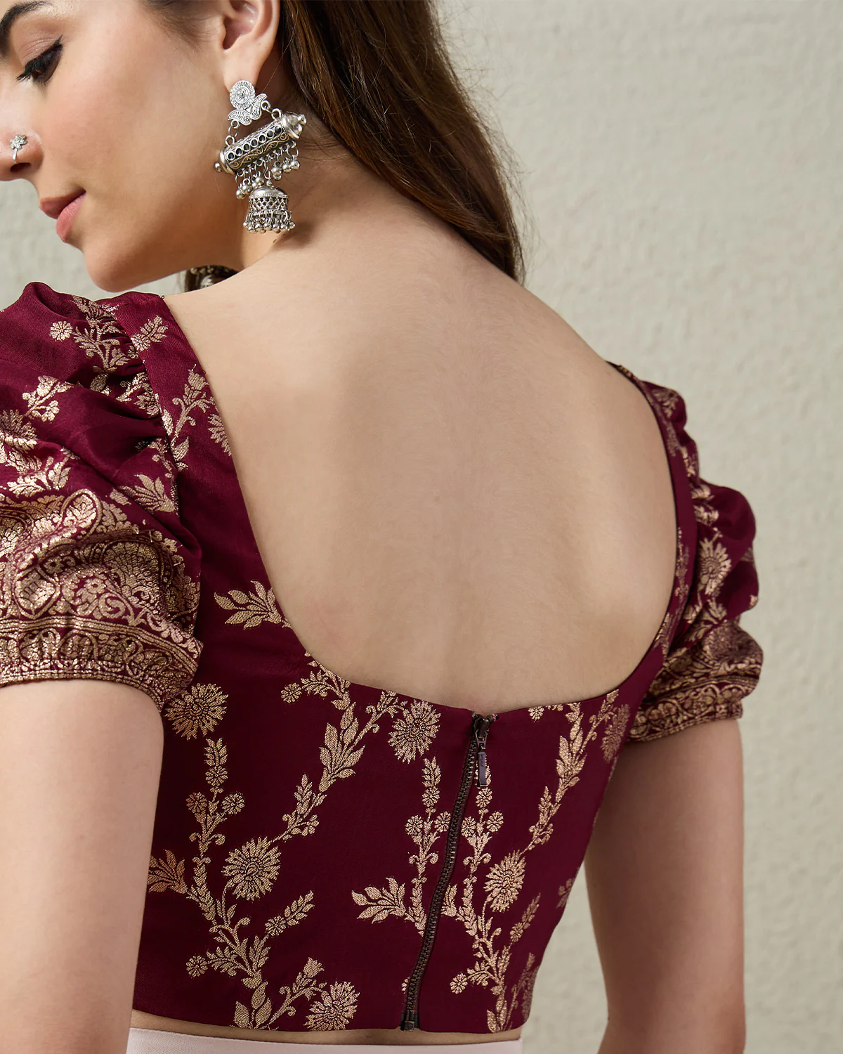 Floral Brocade Puff Sleeves Corset Top - Image 5