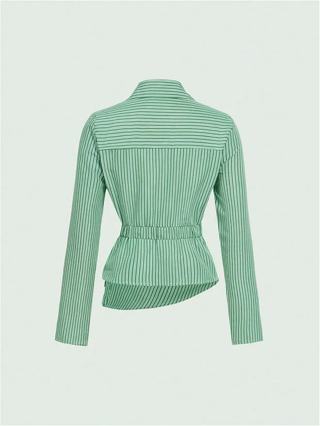 Green Stripe Asymmetric Hem Shirt - Image 2