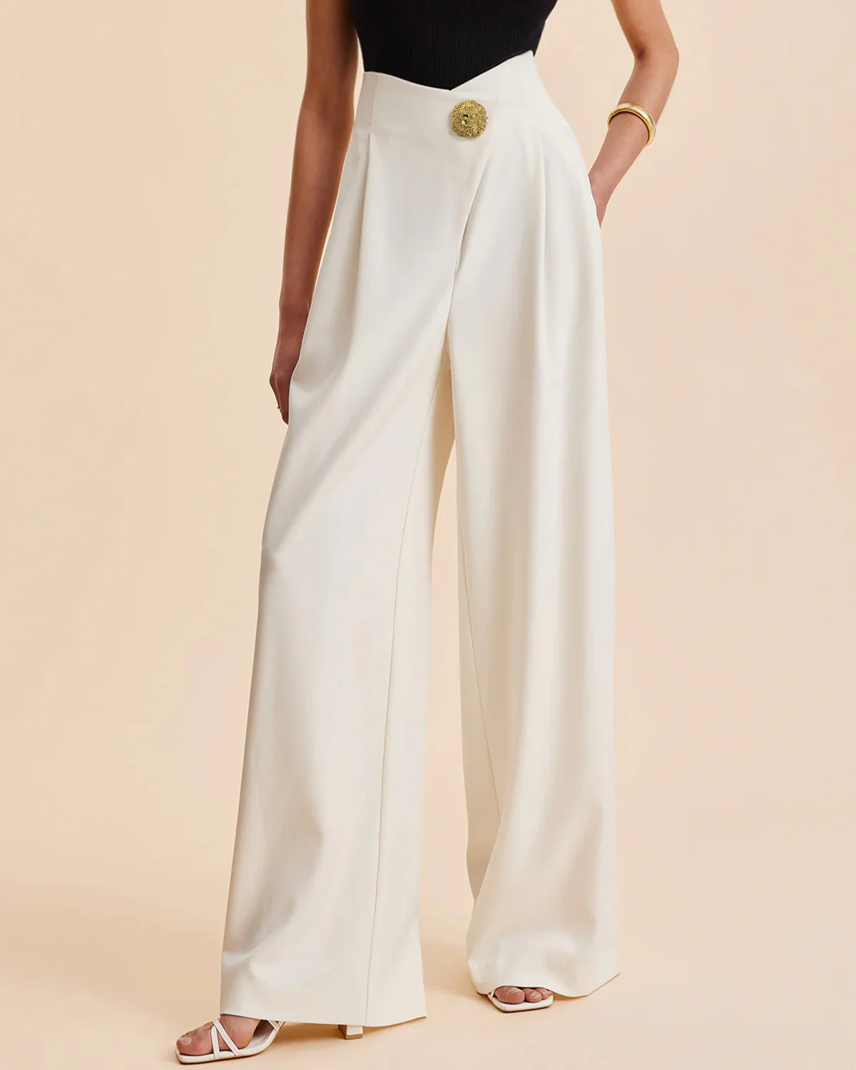High Waist Wide Leg Trouser With Gold Accent