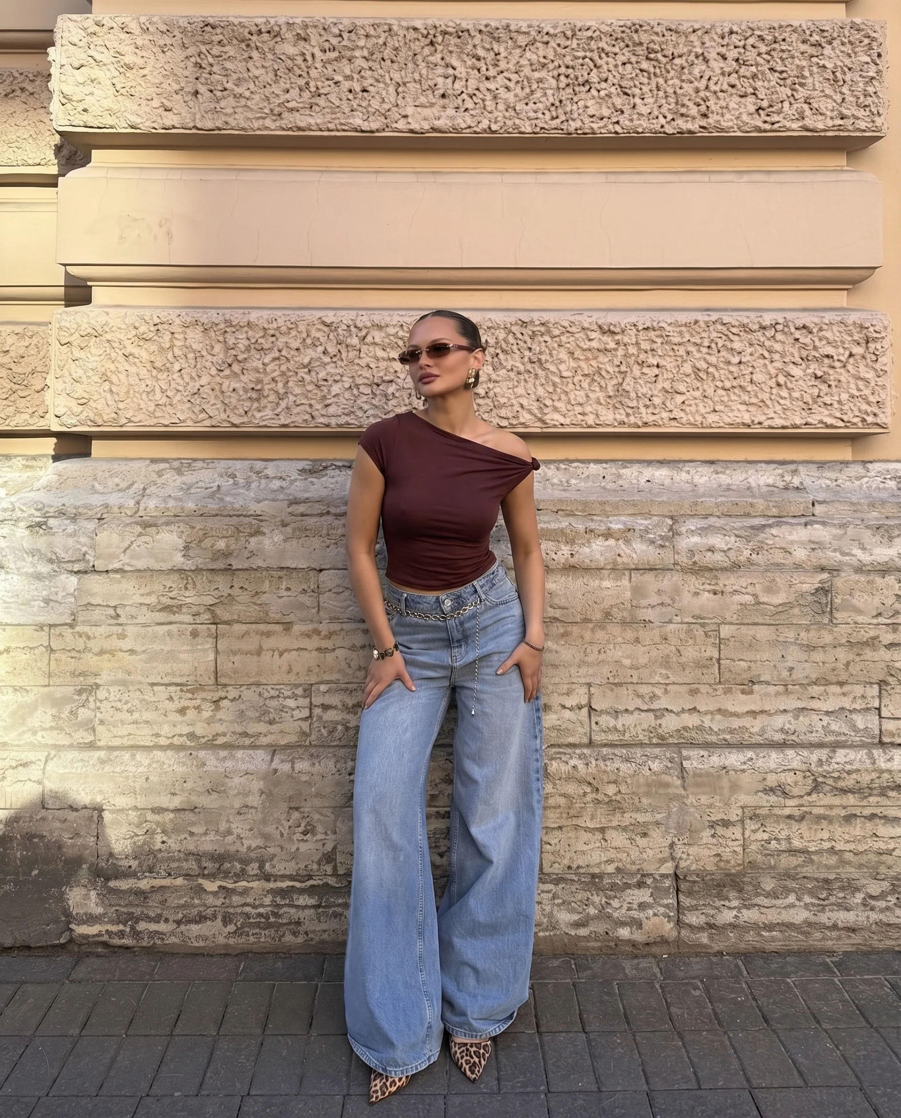 Fitted Knot Shoulder Cotton Top - Brown - Image 2