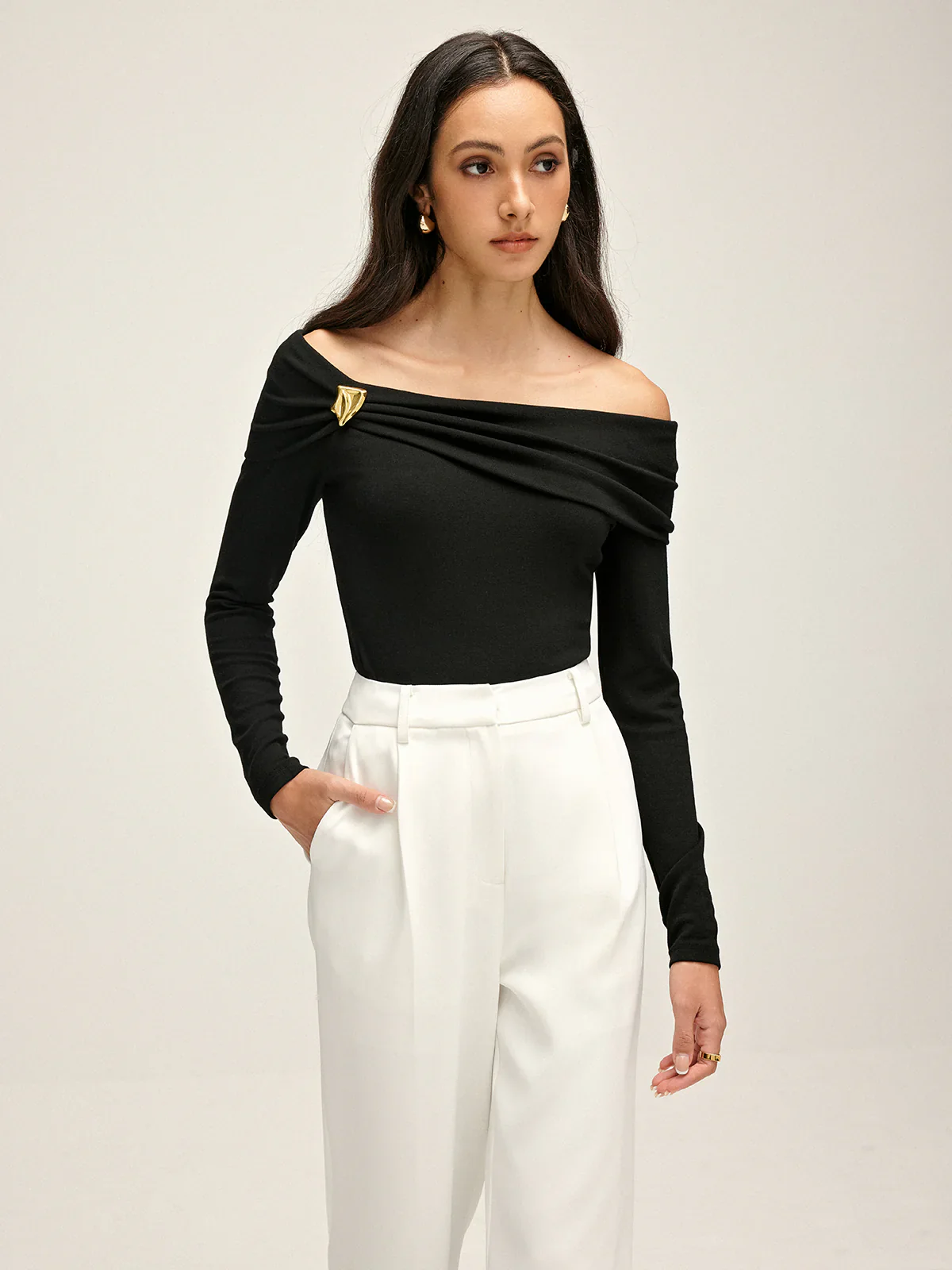 Long Sleeve Draped Off Shoulder Top - Image 6