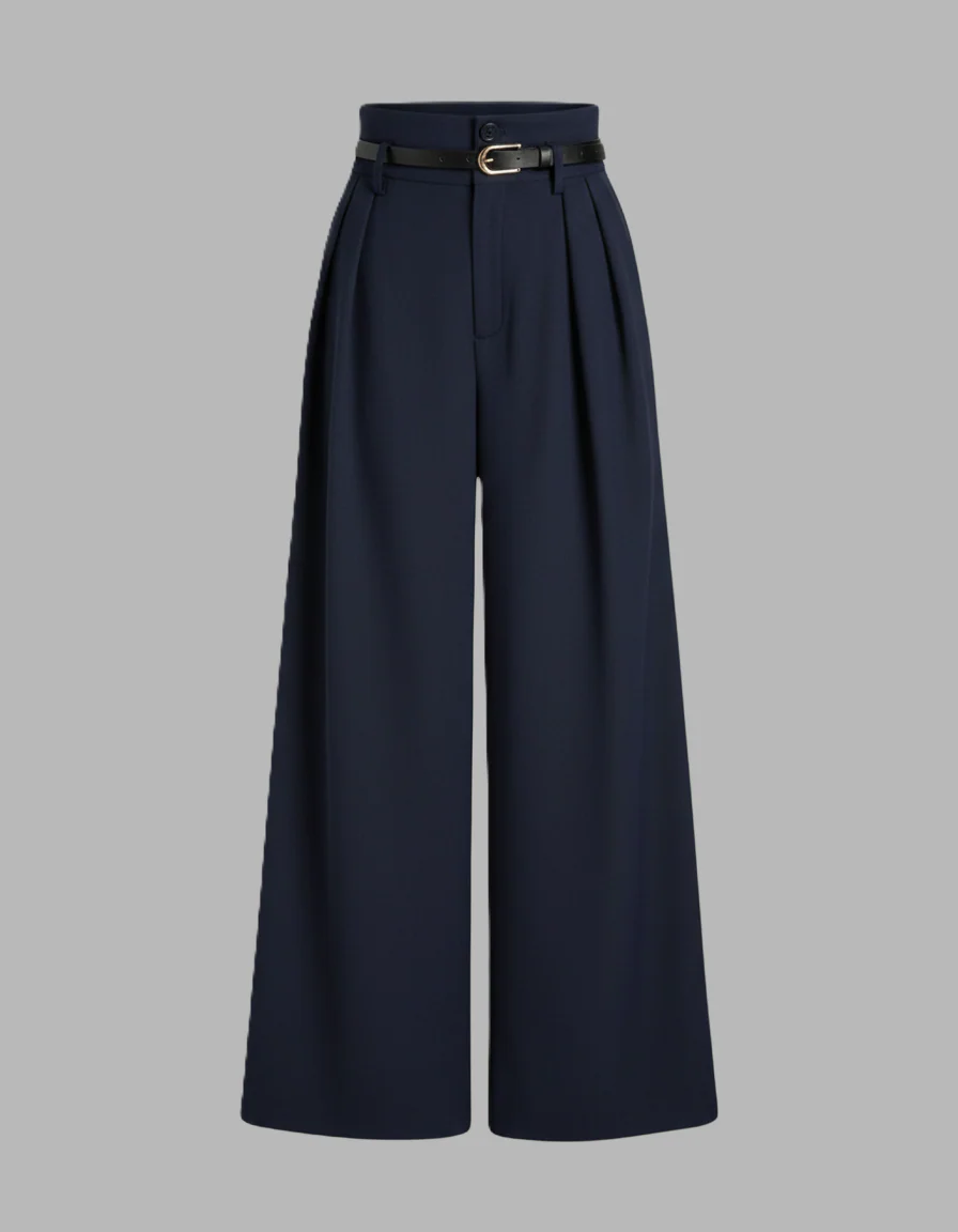 Navy Pleated Pants With Belt