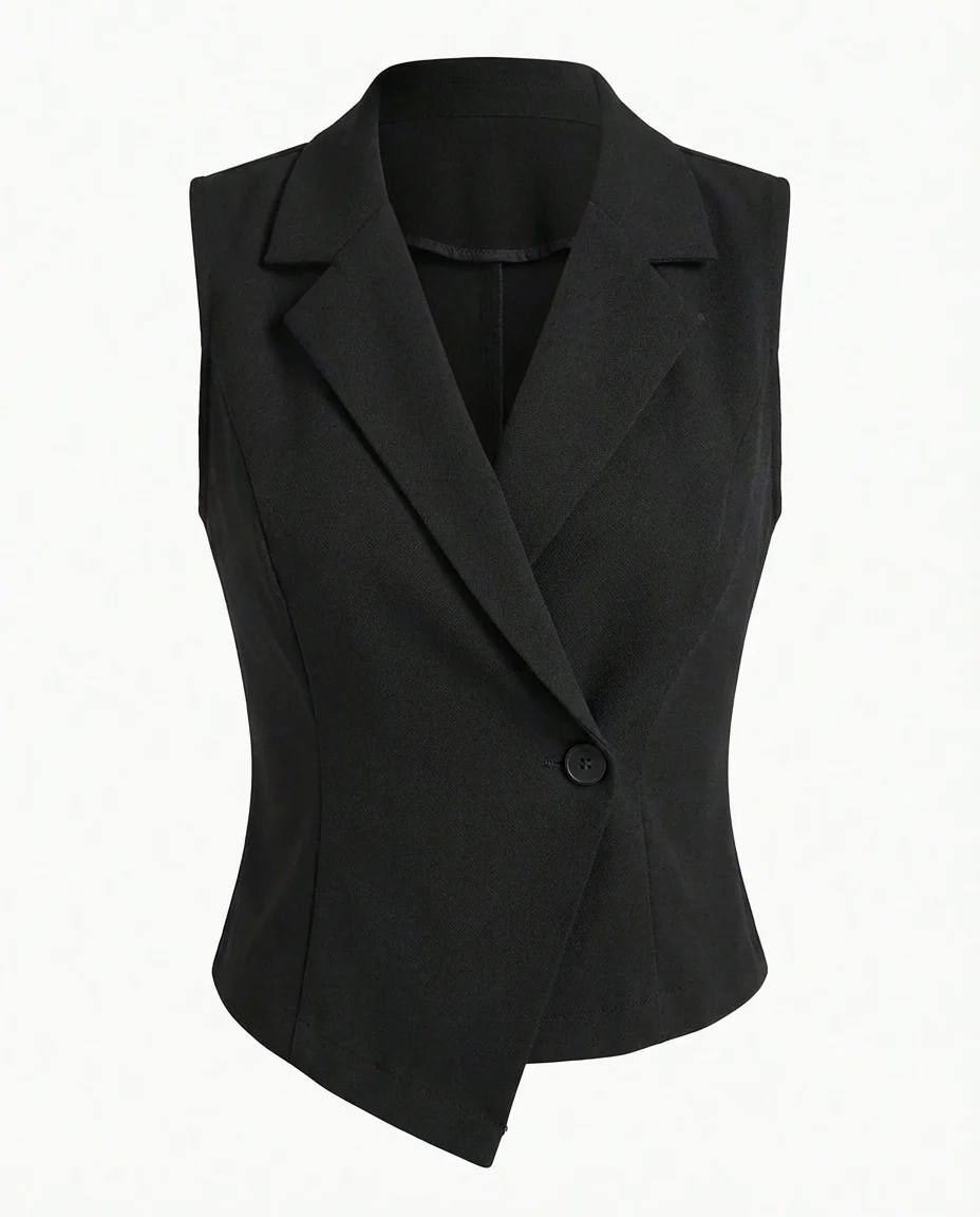 Notch Collar Waist Coat - Black - Image 6