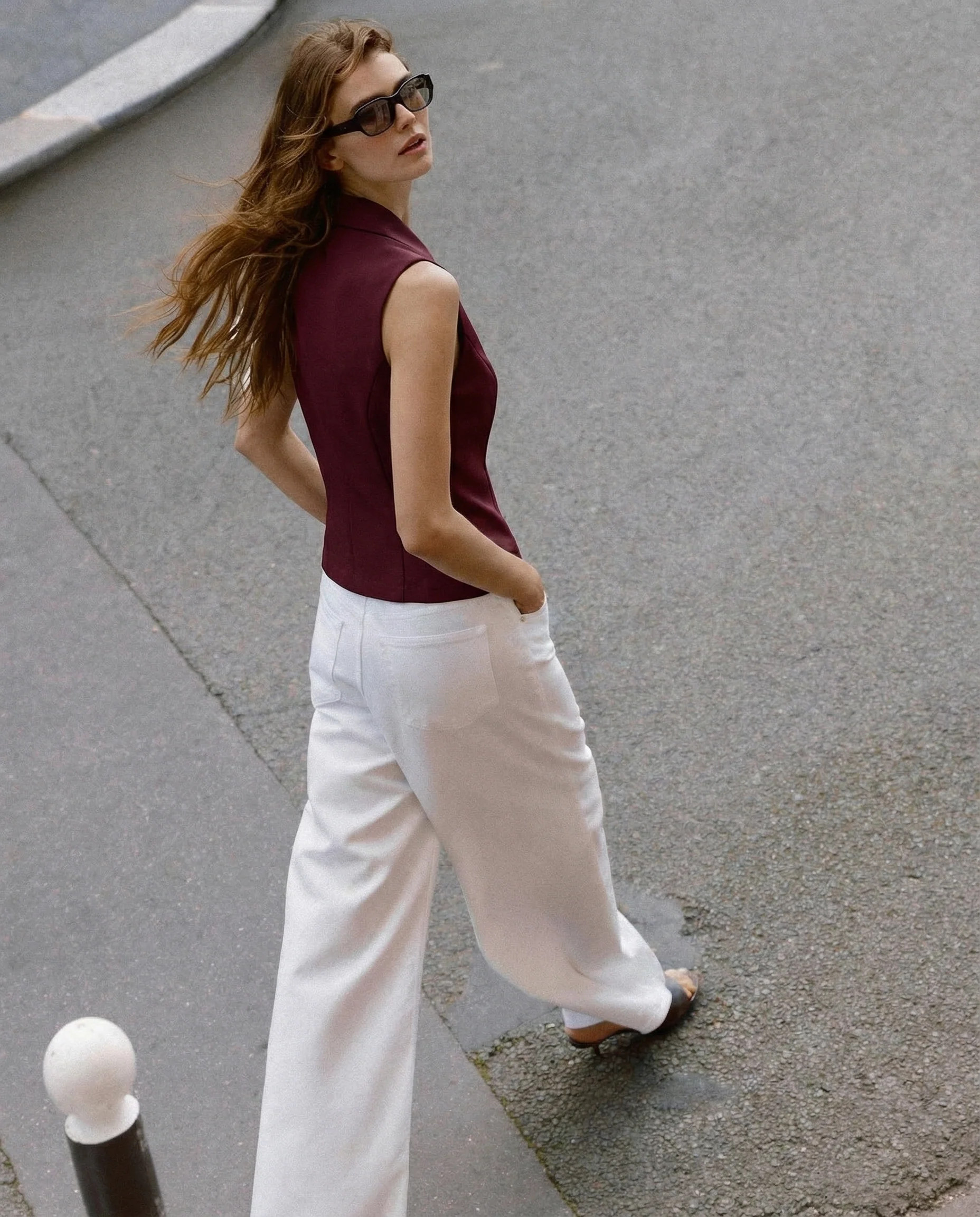 Notch Collar Waist Coat - Maroon - Image 4