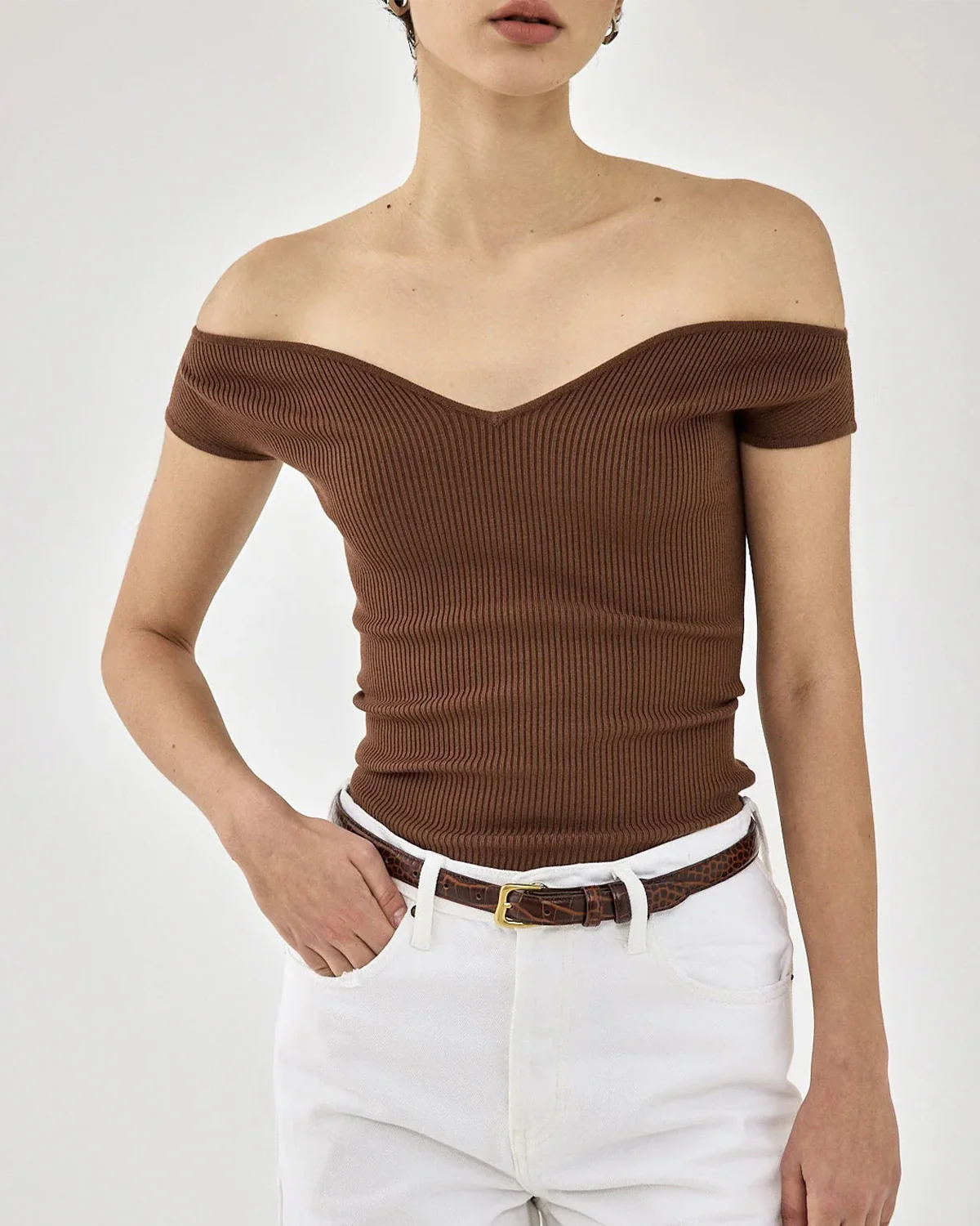 Off Shoulder Princess Cut Neck Brown Top - Image 5