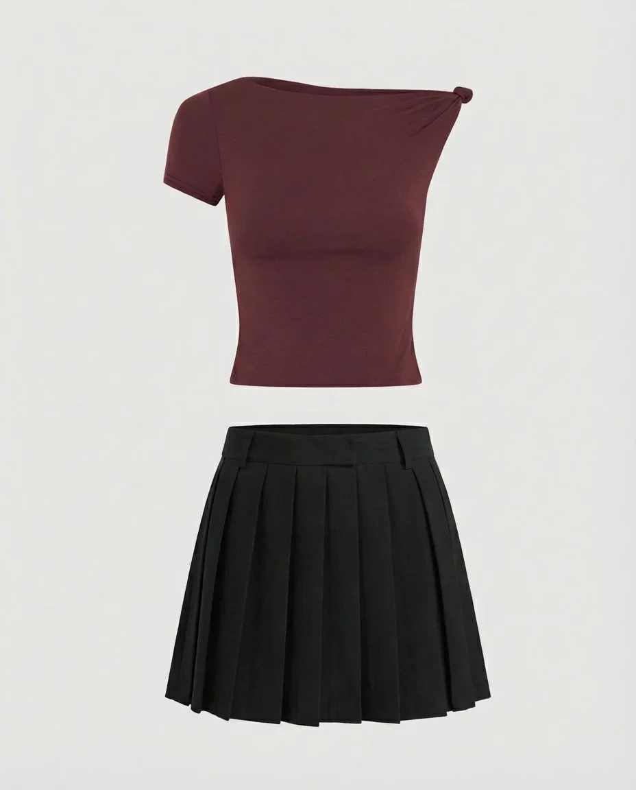 One Shoulder Ribbed Top And Pleated Skirt - Image 4