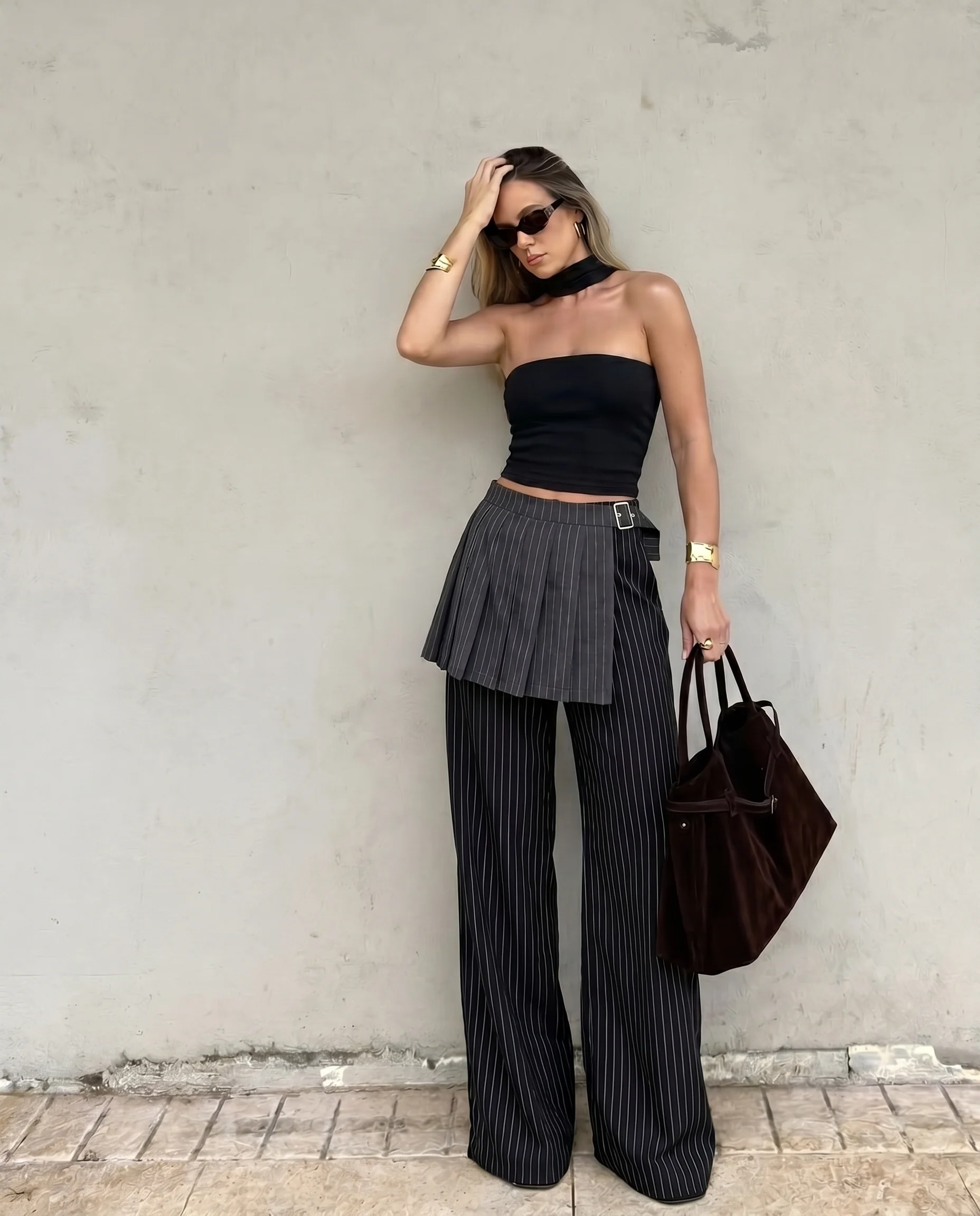 Pinstripe Wide Leg Trousers Skirt Pants - Image 2