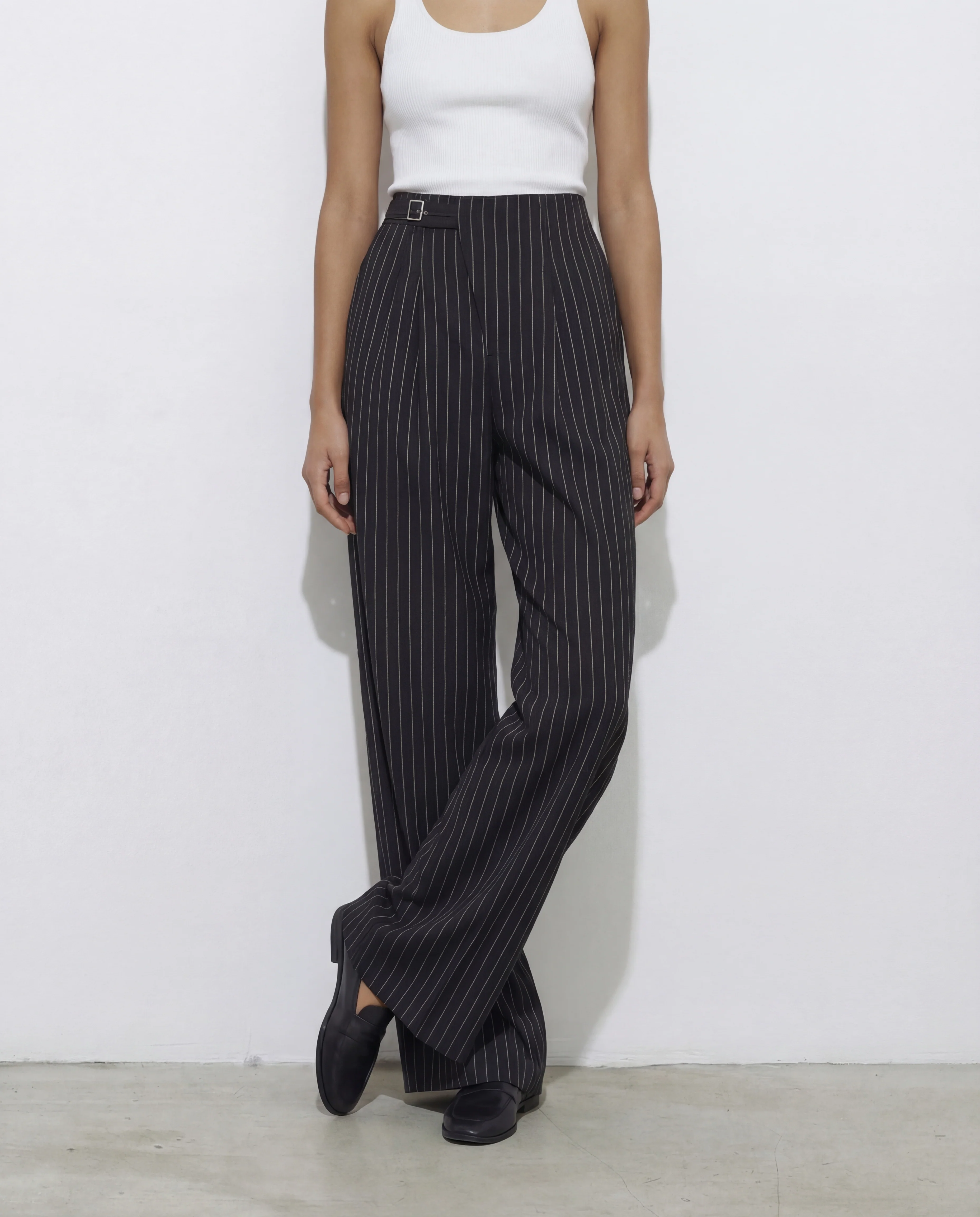 Pinstriped Belt Detail Wide Leg Pants