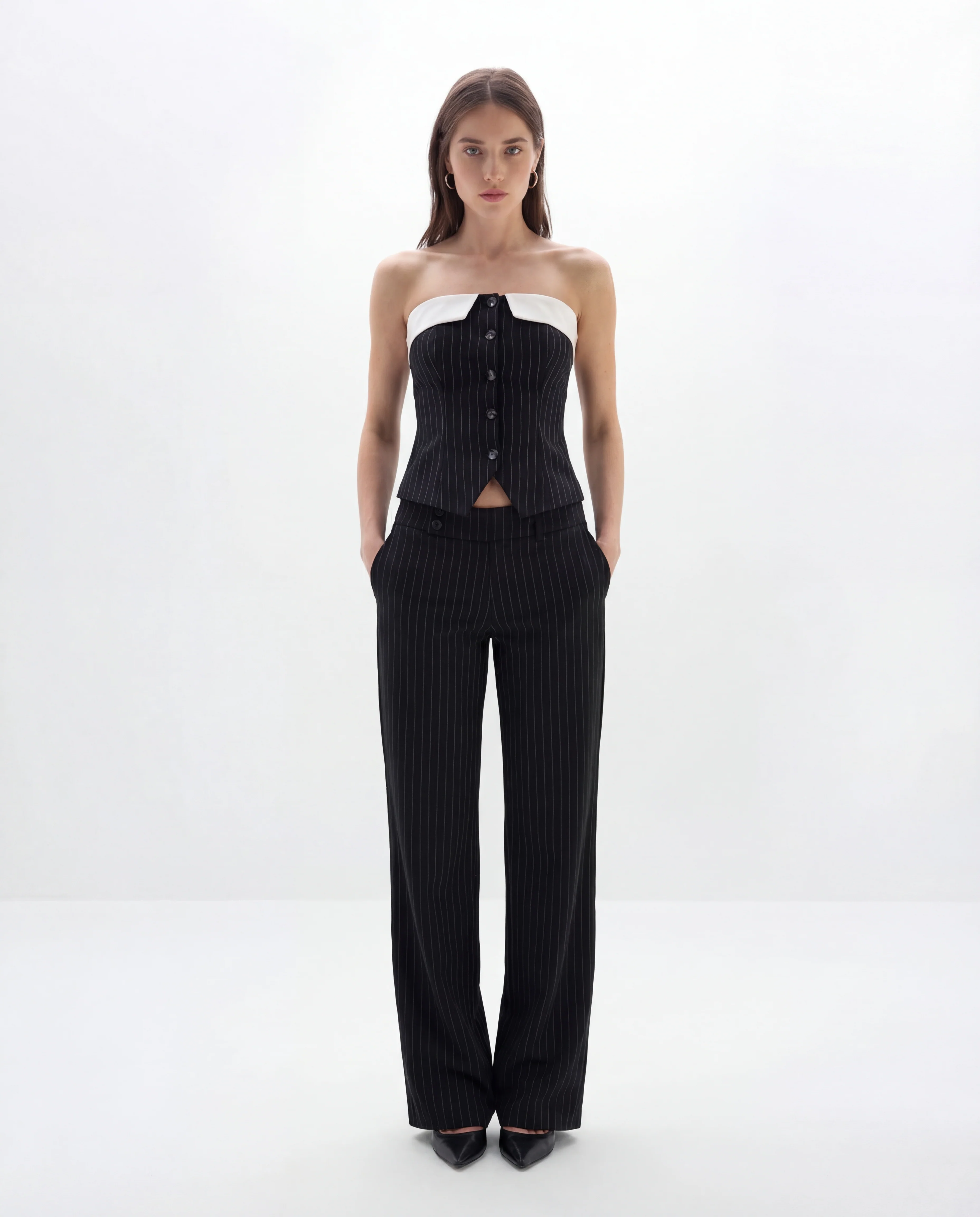 Pinstripes Button-Front Corset Top With Straight Pants