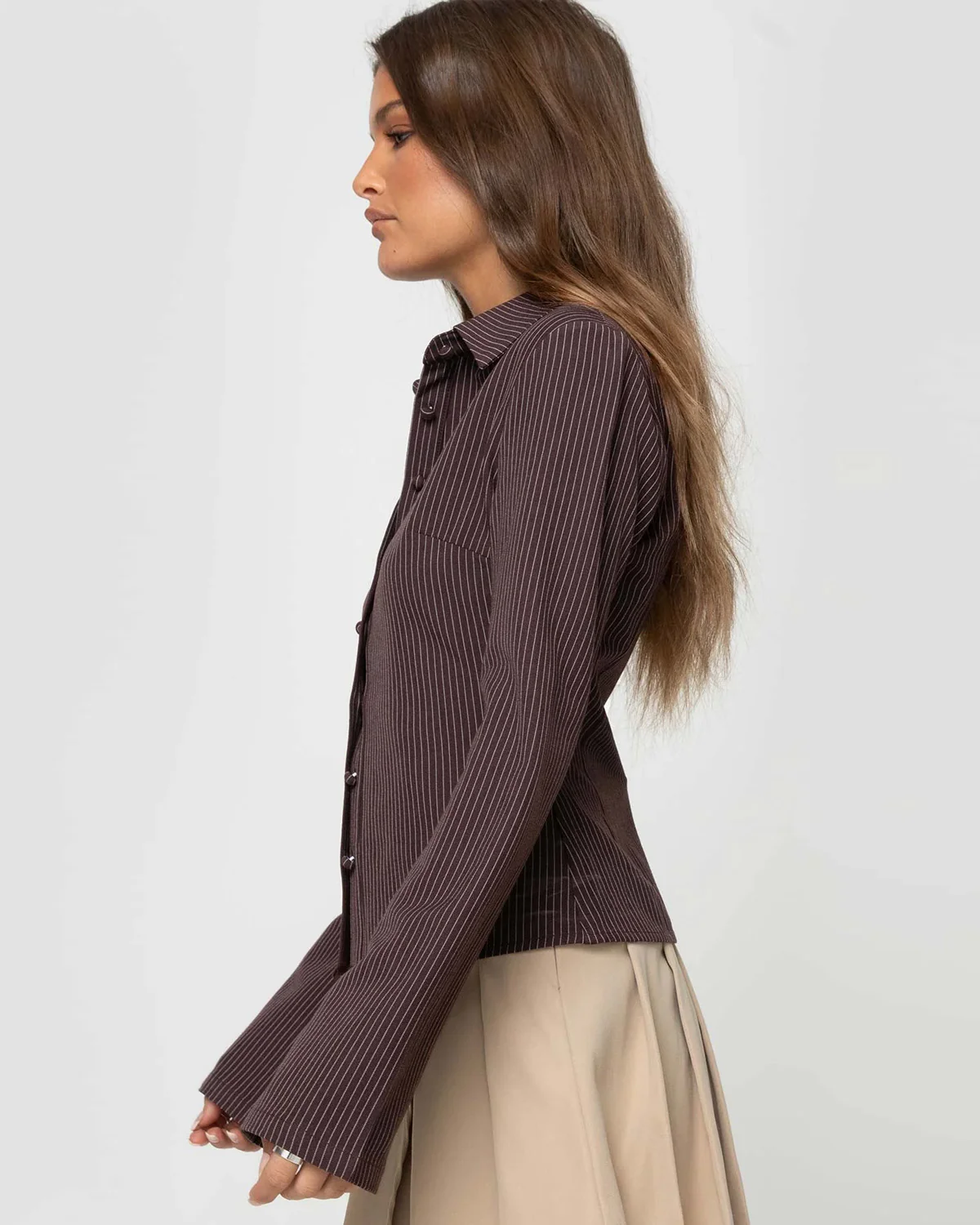 Pinstripes Flared Sleeves Shirt in Brown - Image 3