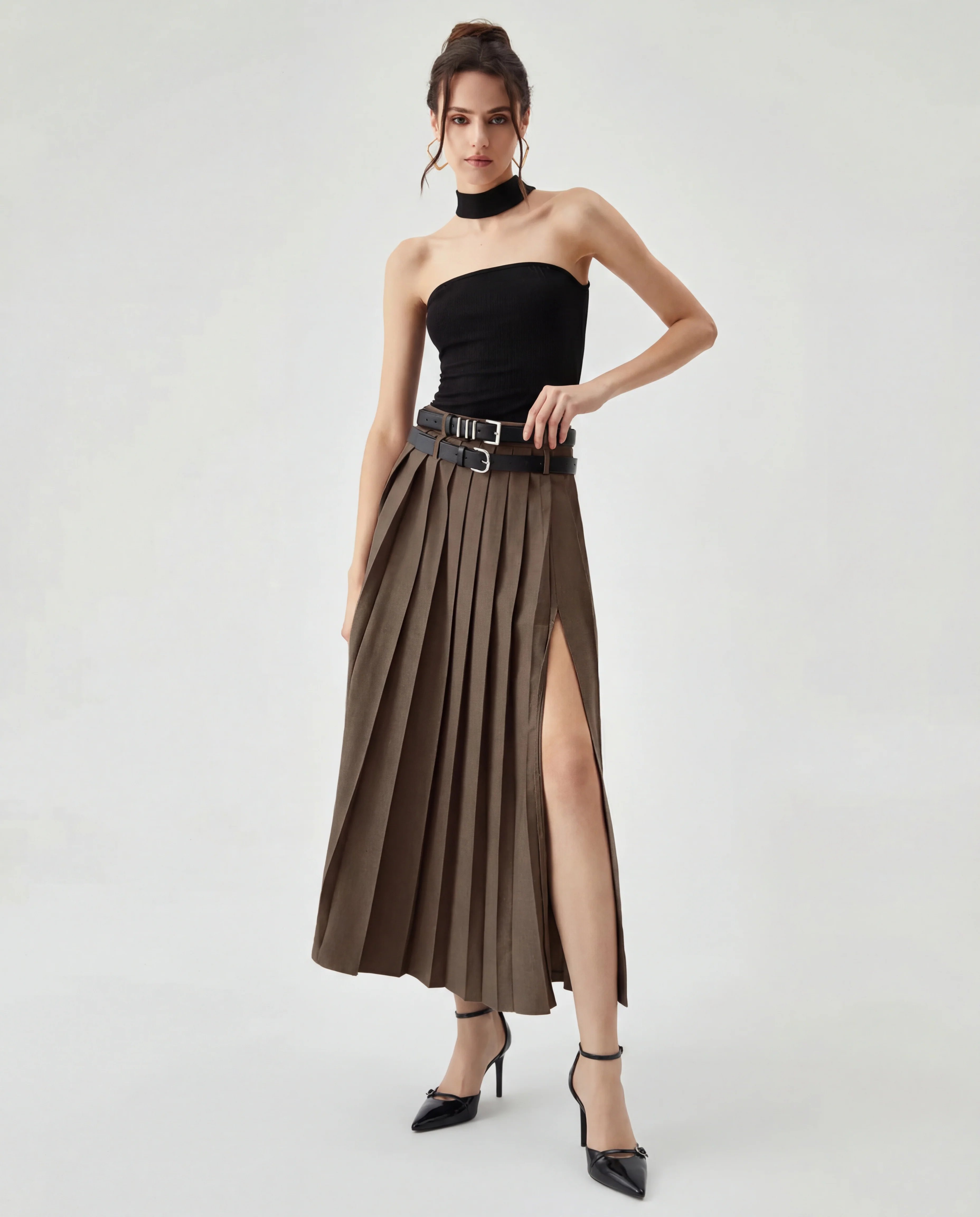 Brown Pleated Split Skirt With Two Detachable Belts - Image 4