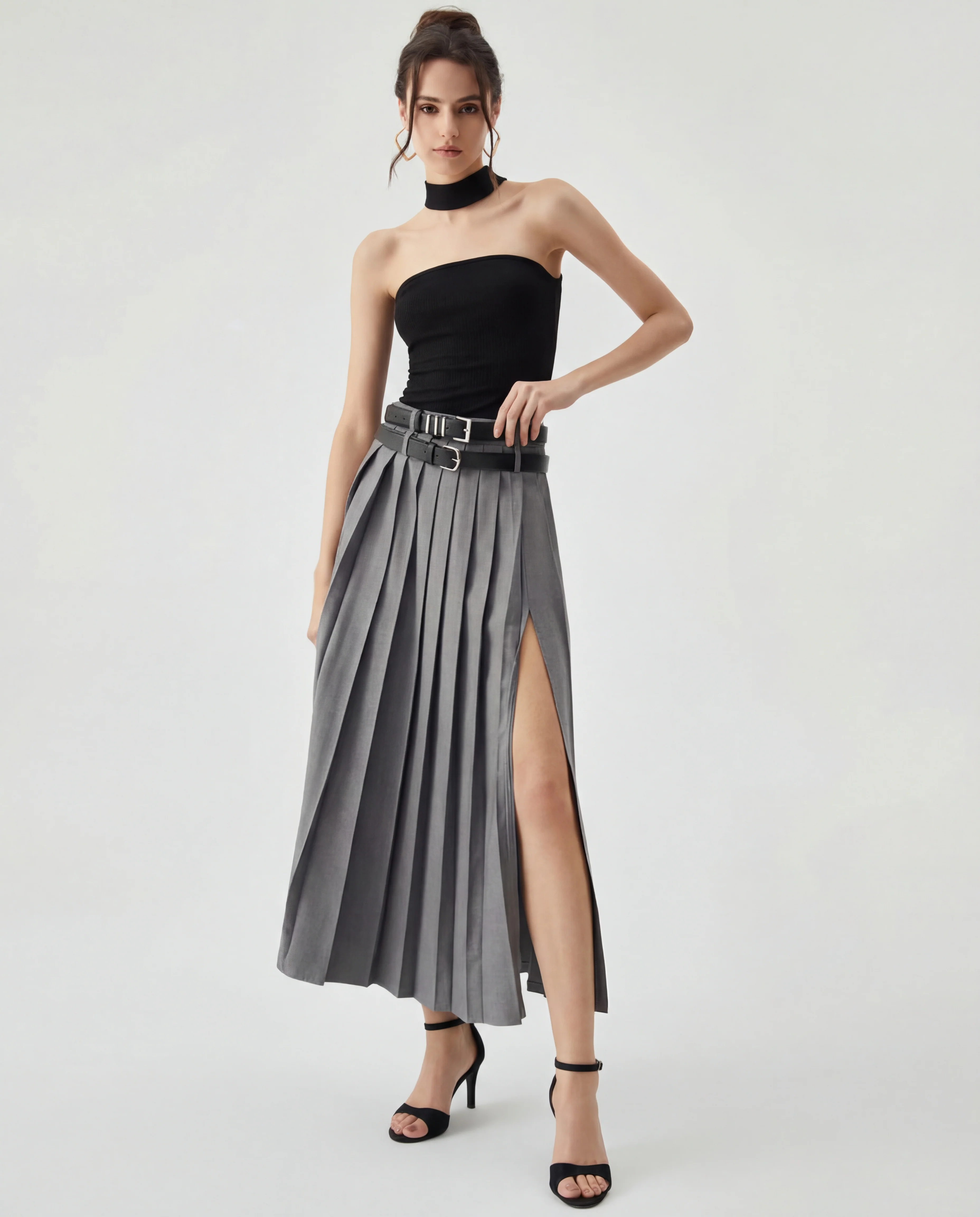Grey Pleated Split Skirt With Two Detachable Belts - Image 3