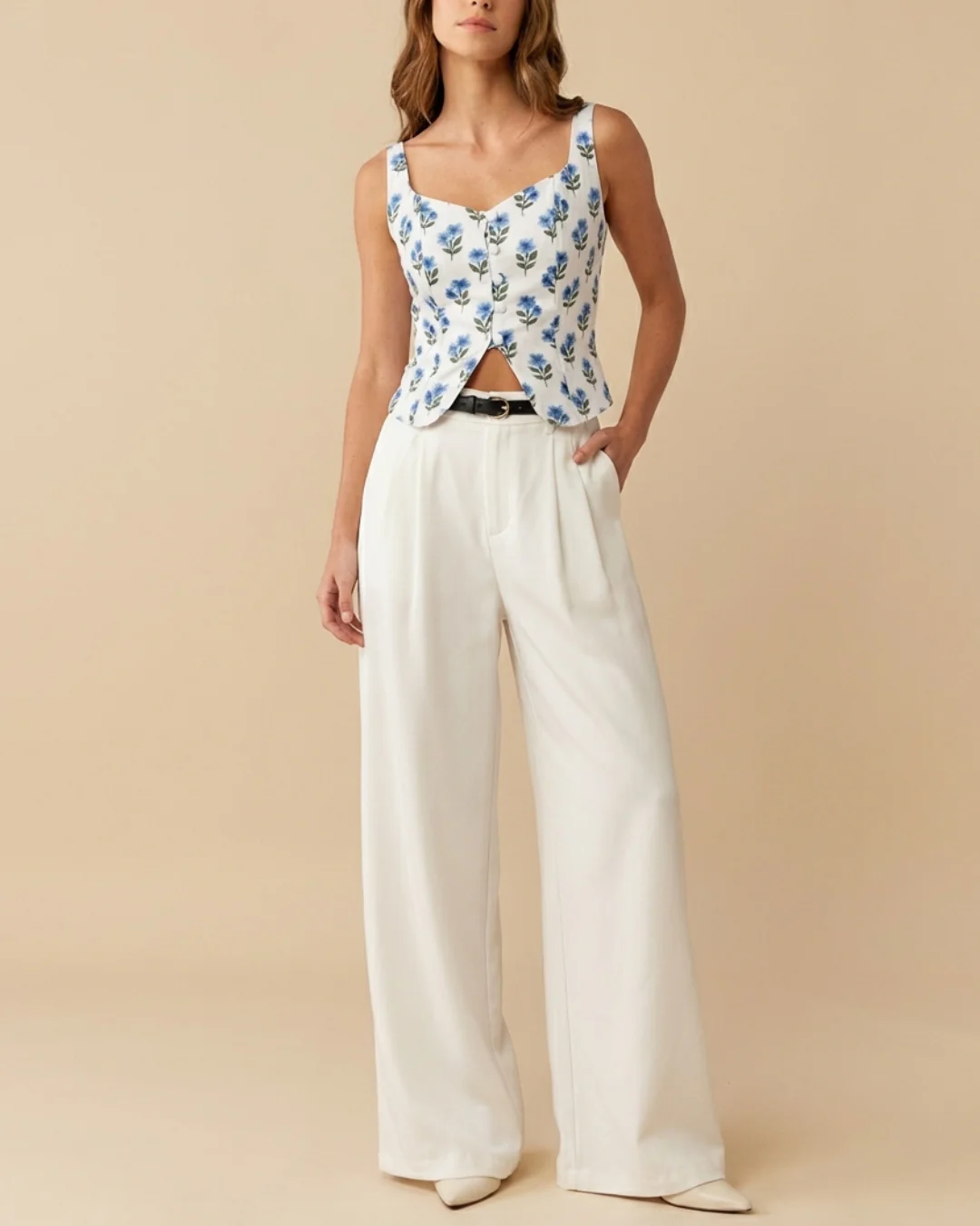 Printed Floral Corset Top With Pleated Korean Pants (Belt Included) - Image 5