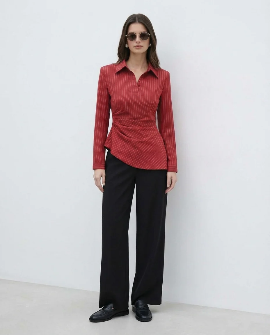 Red Pinstripe Asymmetric Hem Shirt - Image 5